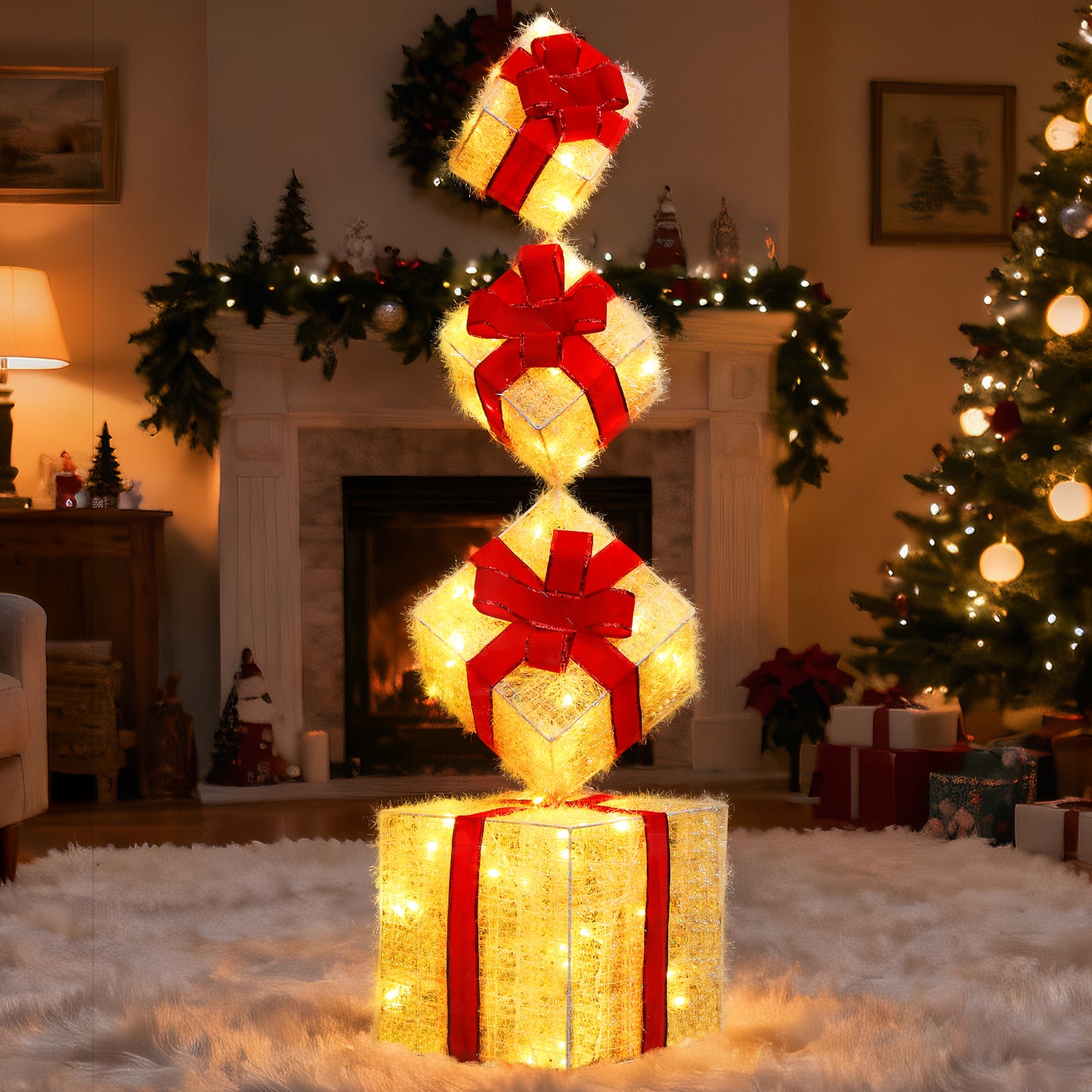 Aship Christmas Lighted Gift Boxes Blue, 8 Modes & Timing Function, Set of 3 Plug-in Lighted Gift Boxes with 140 LEDs for Christmas Decorations, Home Indoor Decor Party