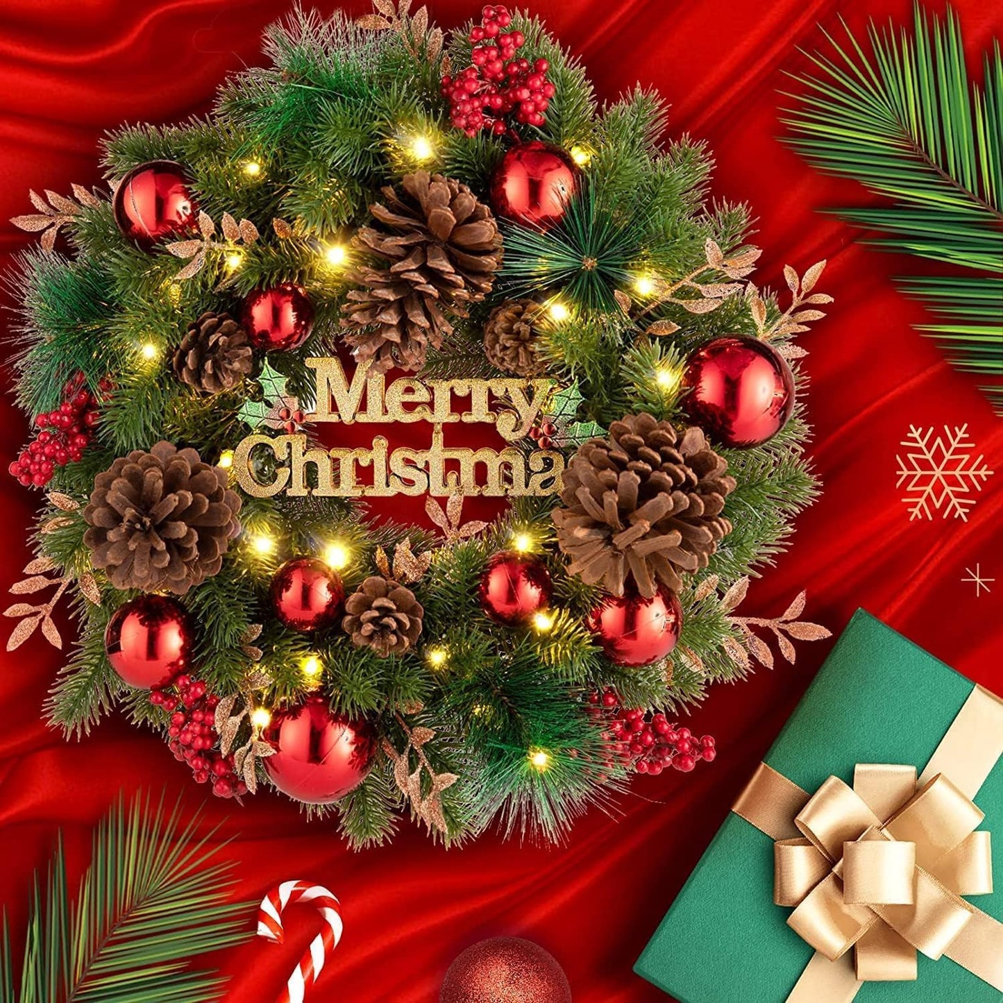 Aship Christmas Wreath with Lights, 16 In 40LED Pre-Lit Christmas Front Door Wreath, Battery Operated Artificial Christmas Decor for Indoor Outdoor Fireplace Window Decor