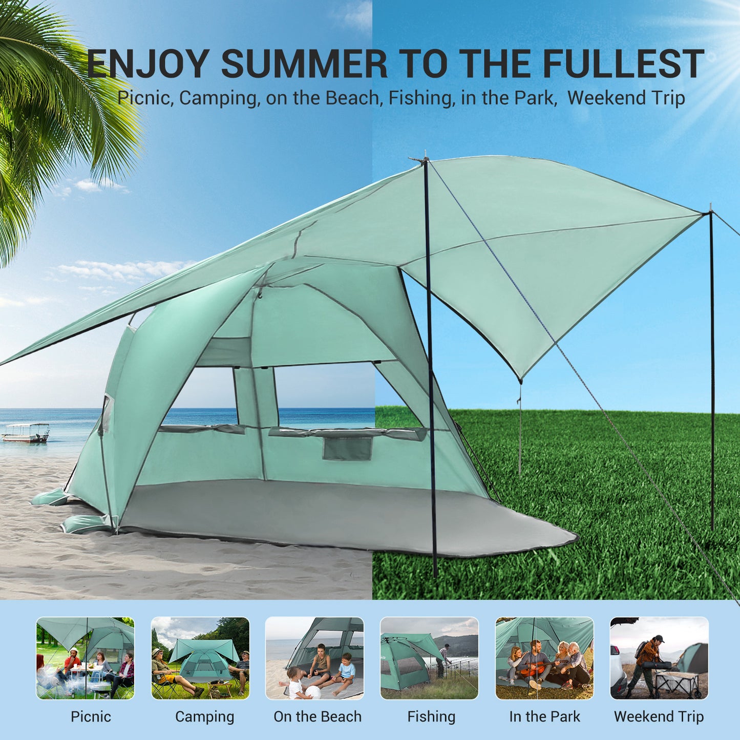 Aship Beach Tent for 5-6 Person, UPF 50+ Sun Shelter with 360° Ventilation & Large Canopy, Automated Setup Waterproof & Portable Tent for Beach Adventures