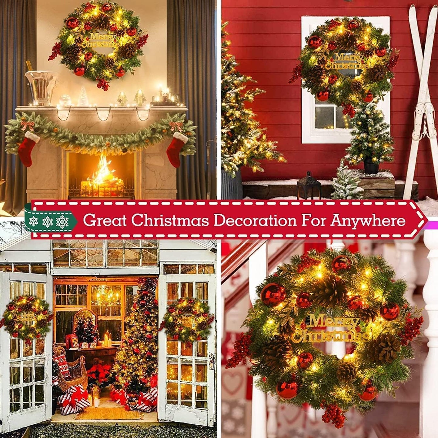 Aship Christmas Wreath with Lights, 16 In 40LED Pre-Lit Christmas Front Door Wreath, Battery Operated Artificial Christmas Decor for Indoor Outdoor Fireplace Window Decor