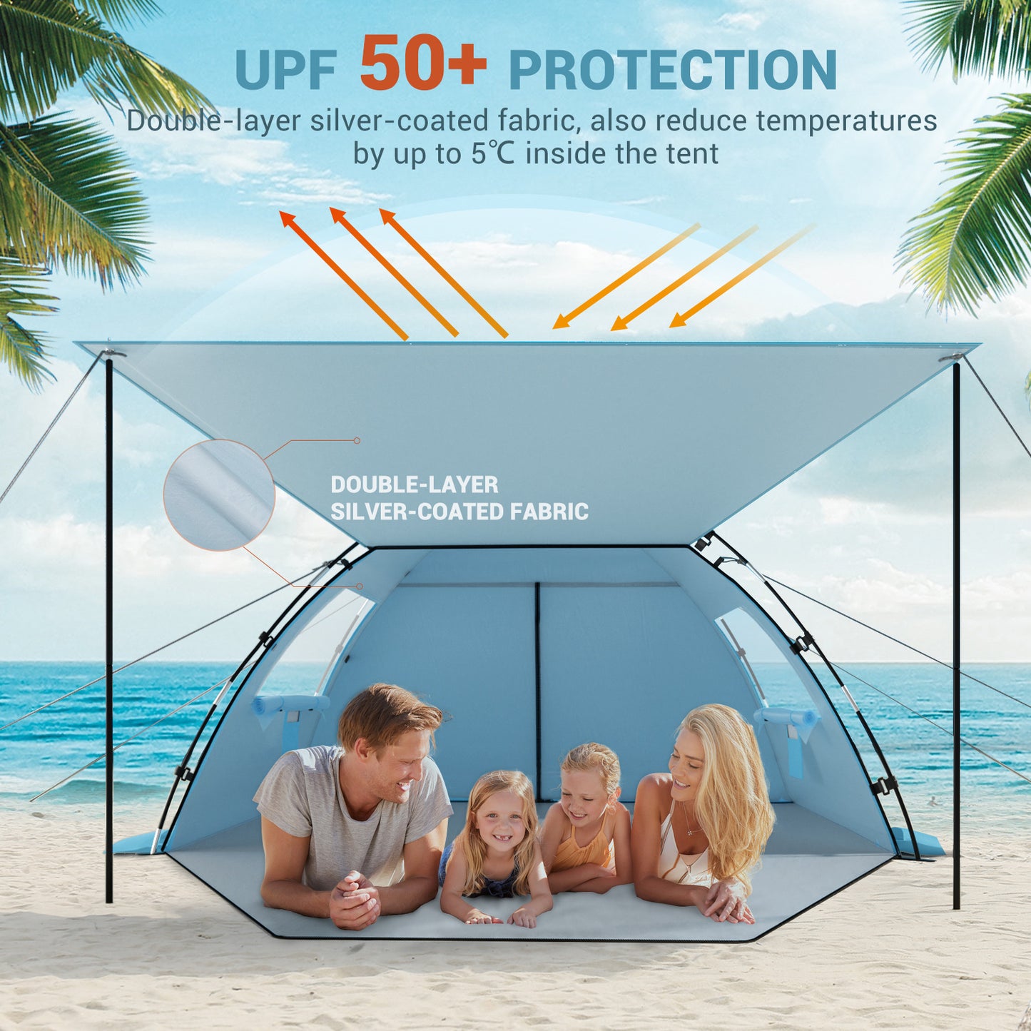 Aship Beach Tent for 4-5 Person, UPF 50+ Sun Shelter with 360° Ventilation & Large Canopy, Easy Setup Waterproof & Portable for Family Camping Hiking Beach Adventures