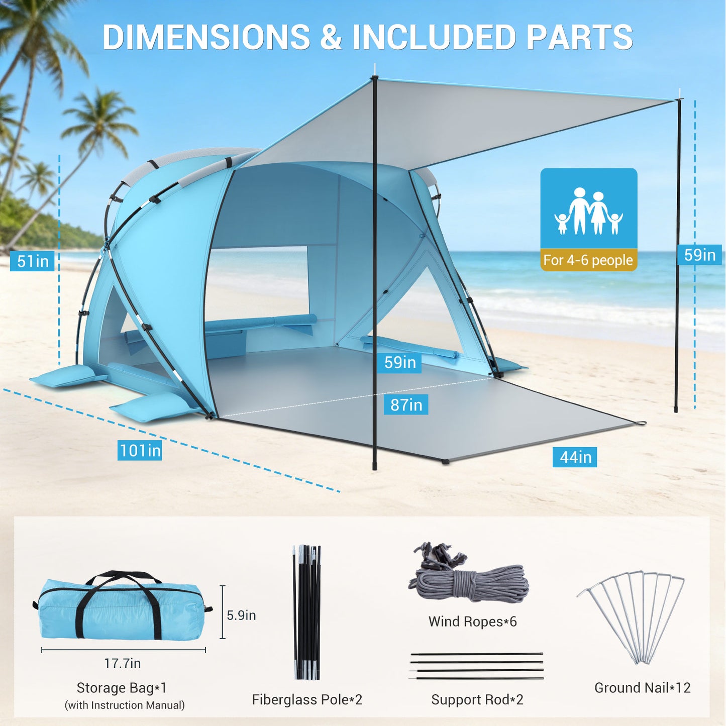 Aship Beach Tent for 6-7 Person, UPF 50+ Sun Shelter with 360° Ventilation & Large Canopy, Easy Setup Waterproof & Portable Tent for Beach Adventures