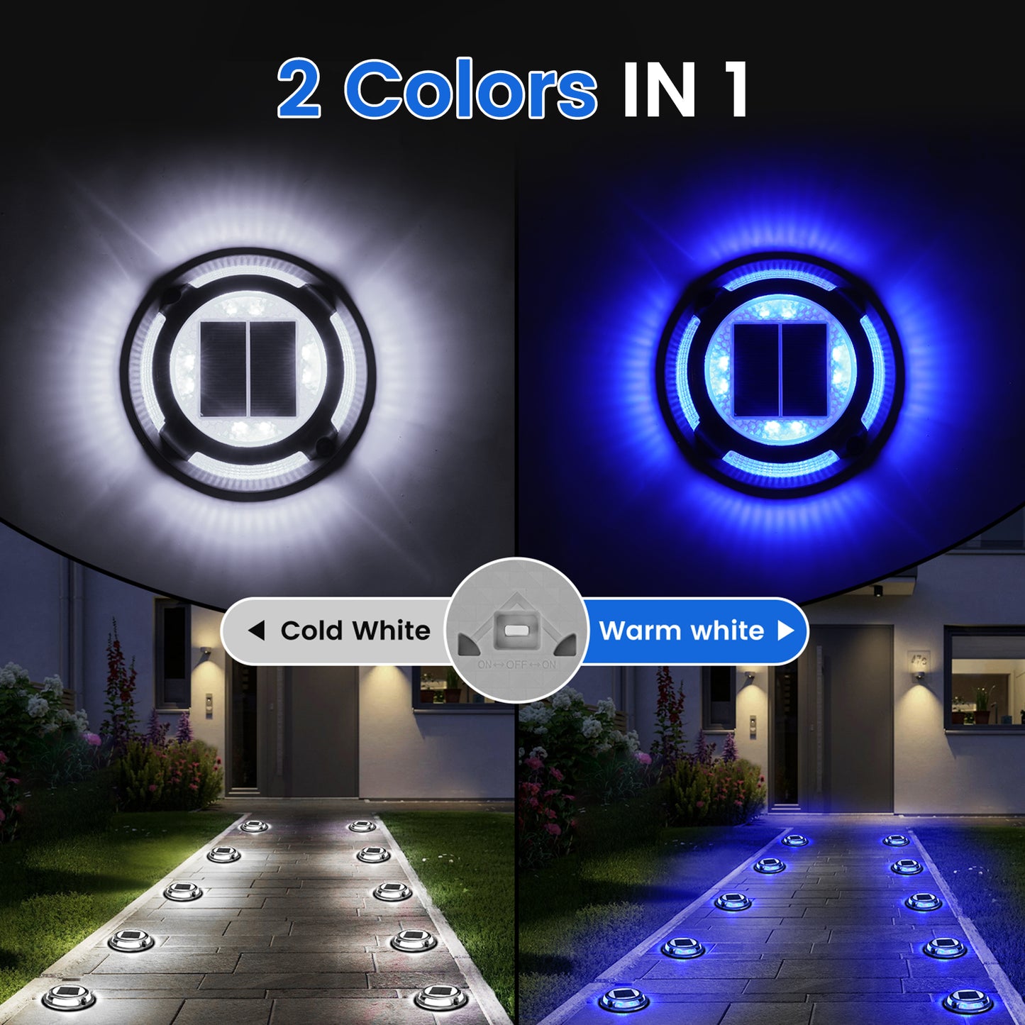 ASHIP 12 Pack Solar Deck Lights Outdoor, Blue+White Solar Powered Driveway Lights, IP68 Waterproof Solar Dock Lights Warning Step Lights, Sidewalk Marker Lights for Path Stair Dock Garage