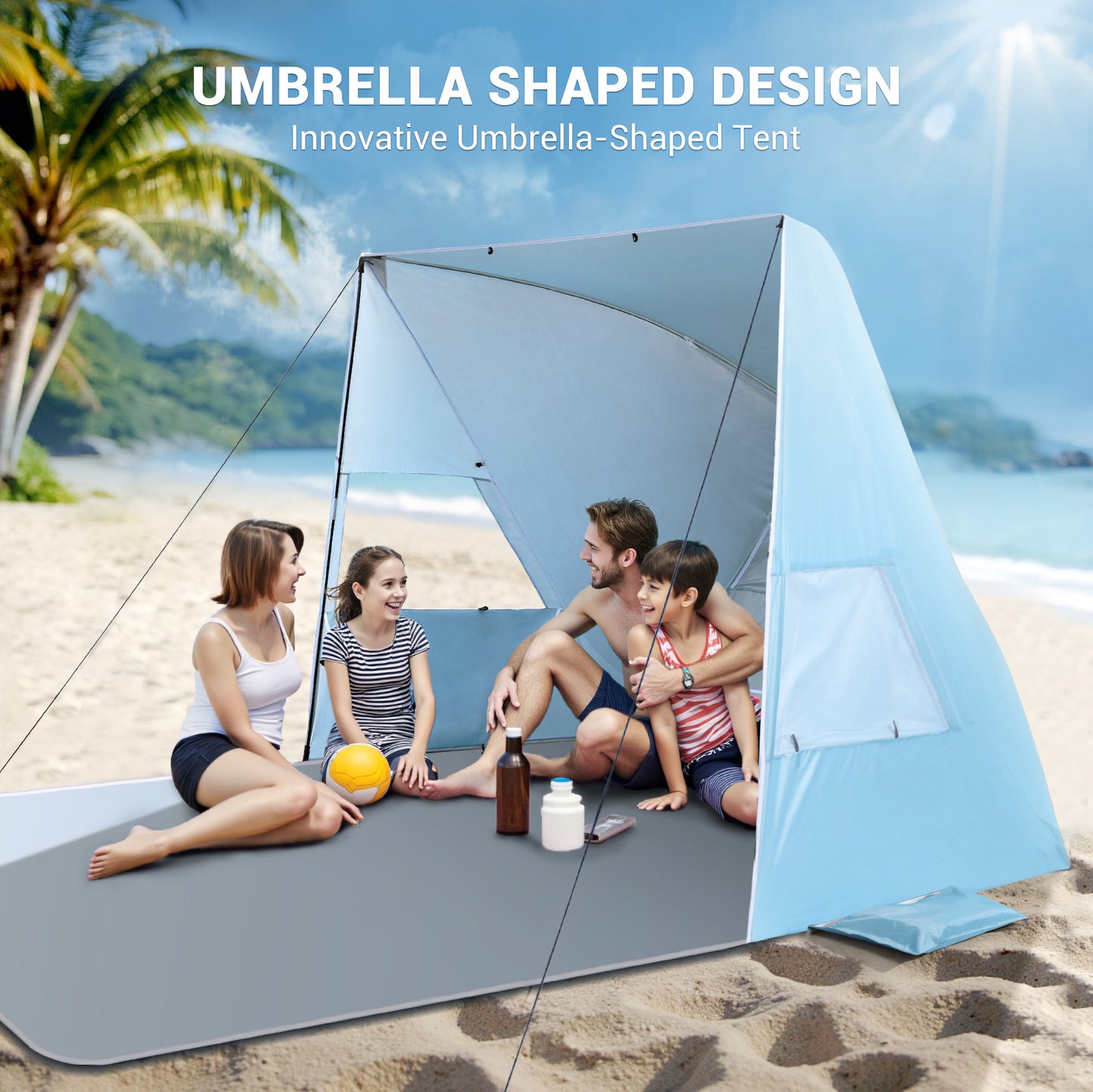 Aship Beach Tent, Quick Setup Sun Shelter with 360° Ventilation & UPF50+ UV Protection , 4-5 Person Pop Up Tent, Portable Sunshade for Family Camping Hiking Beach Adventures