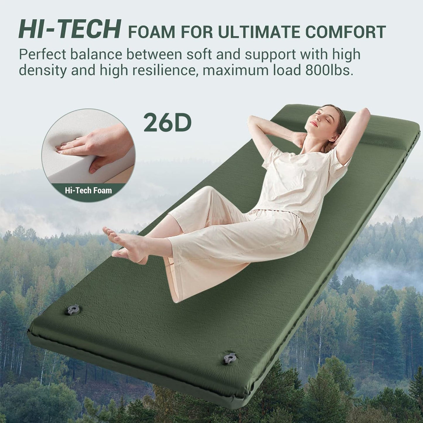Aship Self Inflating Sleeping Pad, 26D Hi-Tech Memory Foam, 3.1" Ultra-Thick, 20-Second Inflation Sleeping Pad with Pillow, Insulated All Seasons Camping Mattress for Camping, Car, Tent