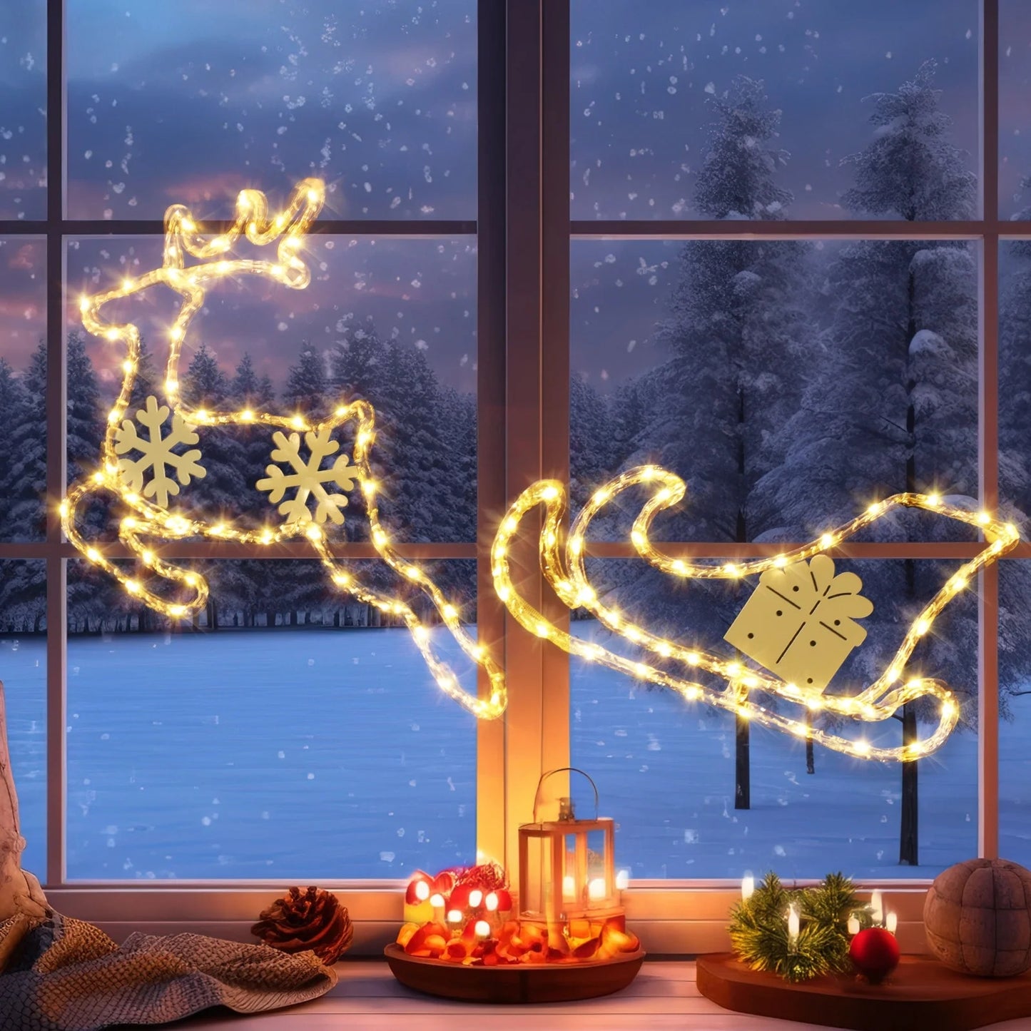 Aship Christmas Window Lights, Reindeer Sleigh 95 LEDs Window Decor, Battery Operated 8 Modes & Timer, Waterproof Silhouette Lights for Holiday Indoor Outdoor