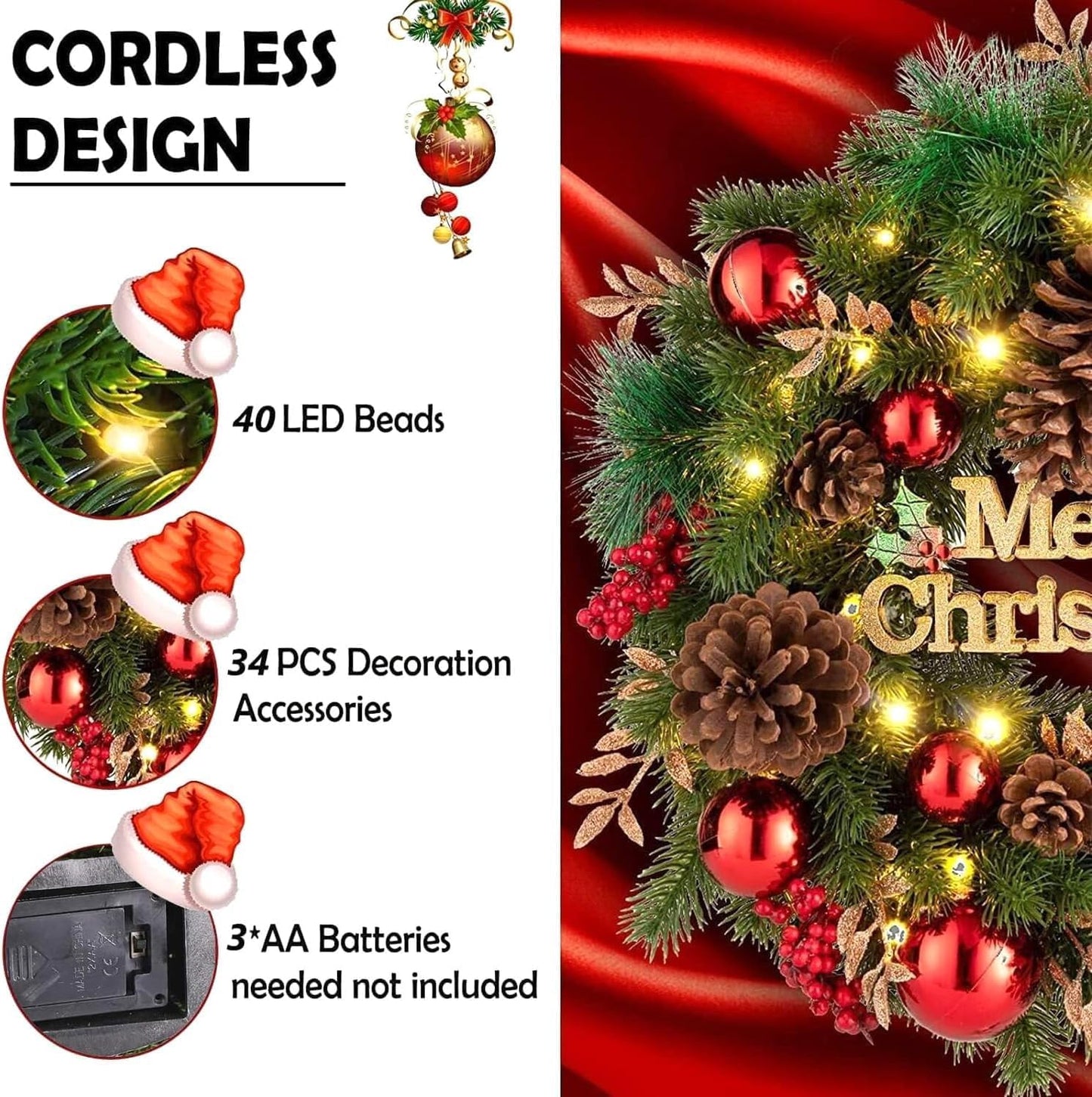 Aship Christmas Wreath with Lights, 16 In 40LED Pre-Lit Christmas Front Door Wreath, Battery Operated Artificial Christmas Decor for Indoor Outdoor Fireplace Window Decor