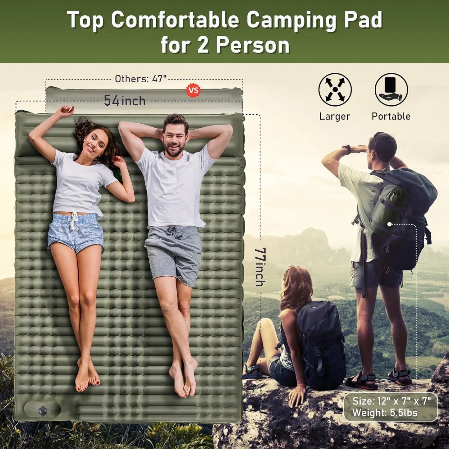 Aship Double Sleeping Pad, 4.7" Extra Thick 2-Person Camping Mat with Pillow, Inflatable Sleeping Pad with Built-in Foot Pump for Backpacking, Hiking, Travel, Tenting