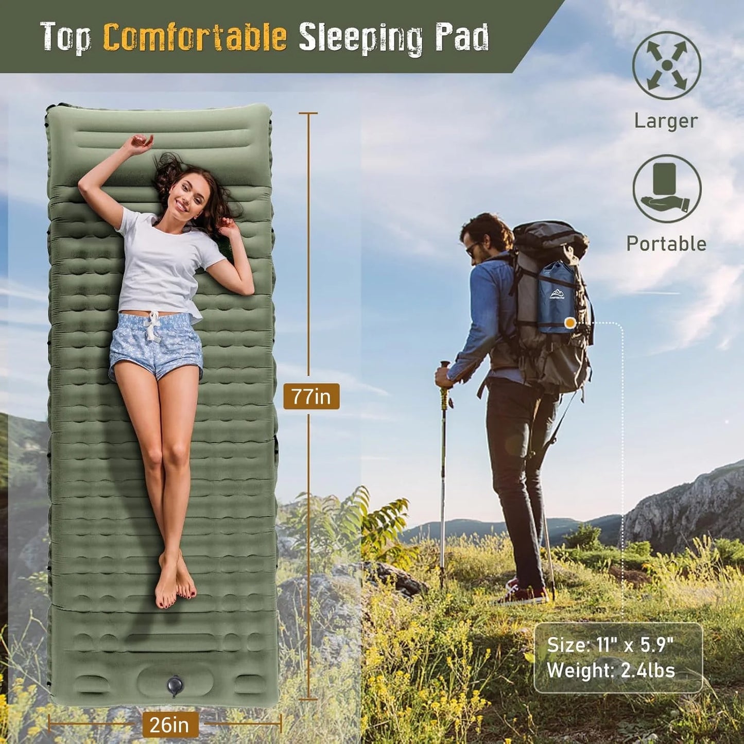 Aship Camping Sleeping Pads, 4.7" Ultra-Thick Camping Mat with Pillow, Inflatable Sleeping Pads with Built-in Foot Pump for Camping, Backpacking, Hiking, Tent Camping