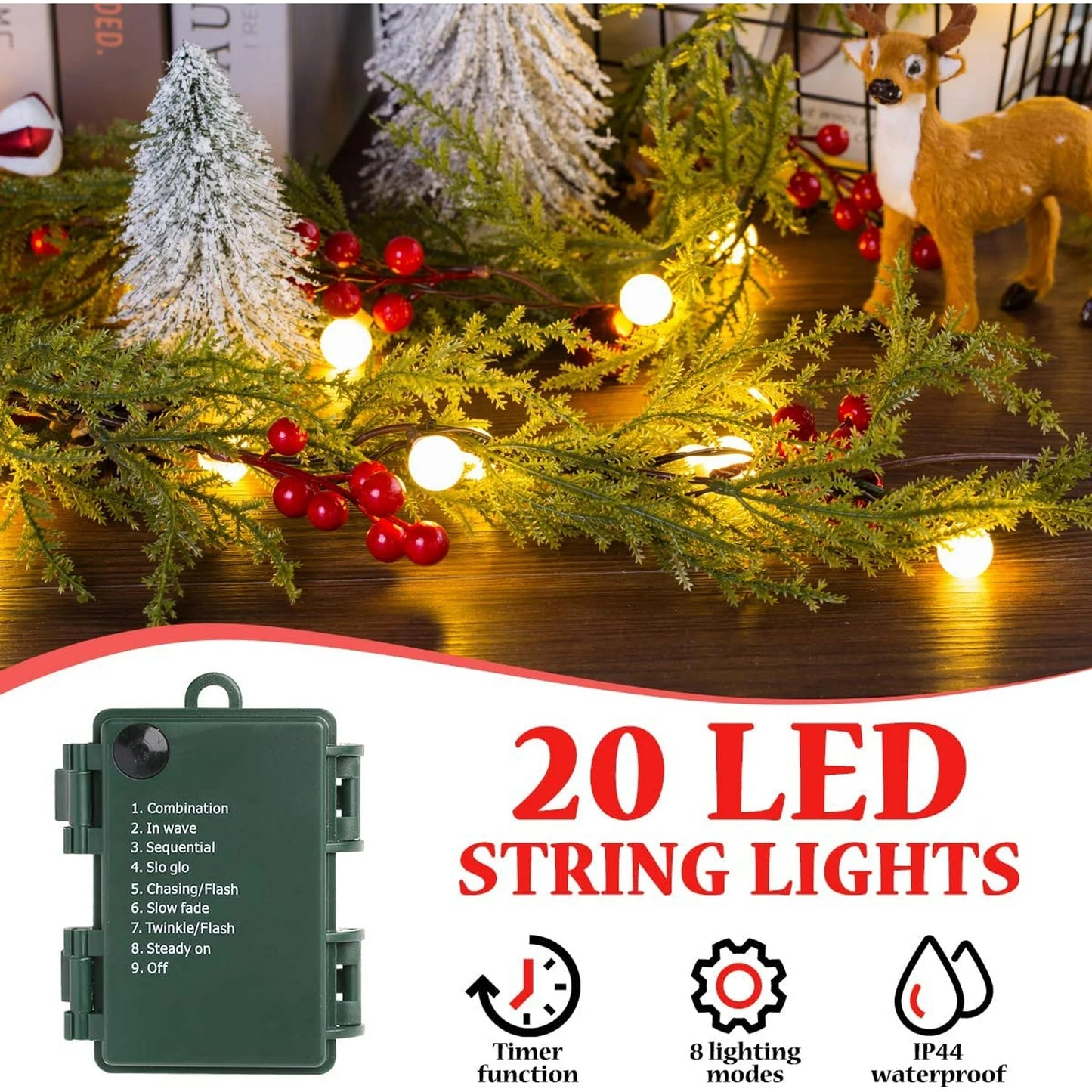 Aship 2 Pack Christmas Garland with Lights, 5.7FT Pre-lit 20 LED Red Berry Garland with 8 Modes & Timer Memory, Artificial Lighted Xmas Garland for Door Mantel Fireplace