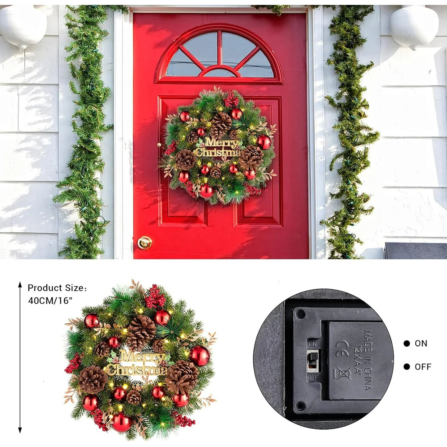 Aship Christmas Wreath with Lights, 16 In 40LED Pre-Lit Christmas Front Door Wreath, Battery Operated Artificial Christmas Decor for Indoor Outdoor Fireplace Window Decor