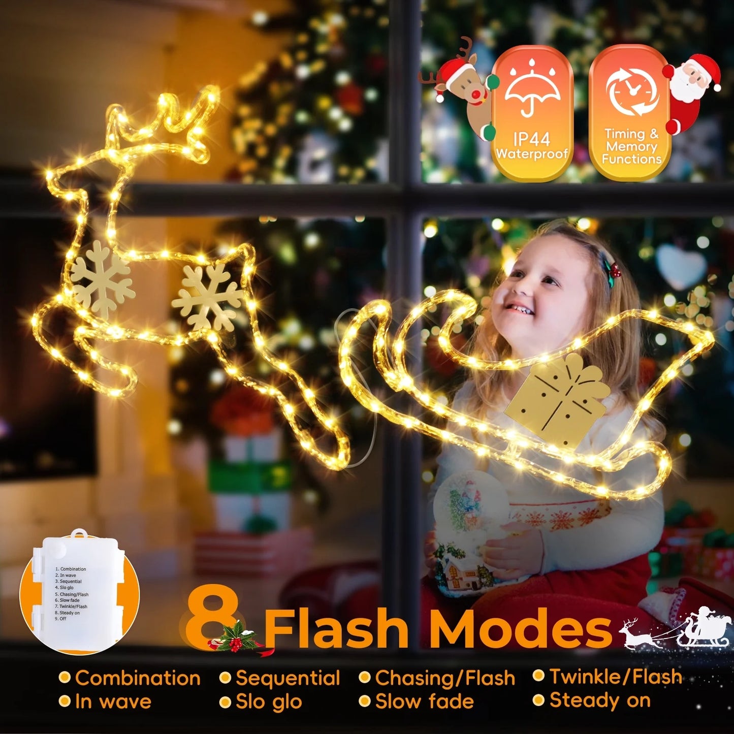Aship Christmas Window Lights, Reindeer Sleigh 95 LEDs Window Decor, Battery Operated 8 Modes & Timer, Waterproof Silhouette Lights for Holiday Indoor Outdoor