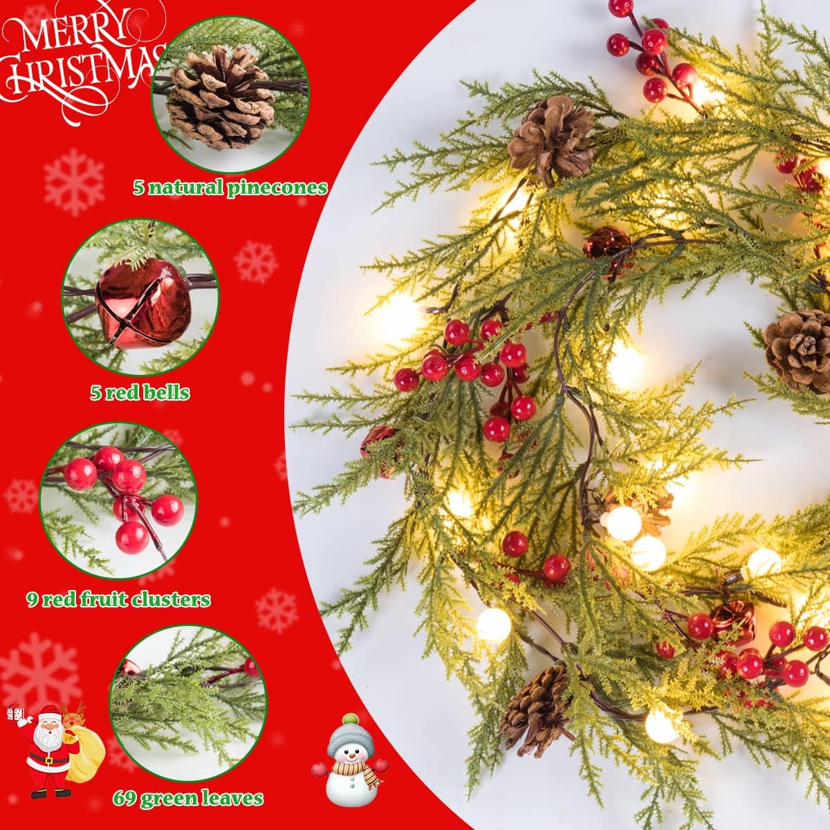 Aship 2 Pack Christmas Garland with Lights, 5.7FT Pre-lit 20 LED Red Berry Garland with 8 Modes & Timer Memory, Artificial Lighted Xmas Garland for Door Mantel Fireplace