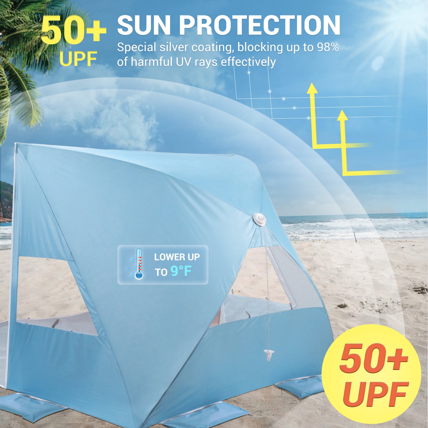Aship Beach Tent, Quick Setup Sun Shelter with 360° Ventilation & UPF50+ UV Protection , 4-5 Person Pop Up Tent, Portable Sunshade for Family Camping Hiking Beach Adventures