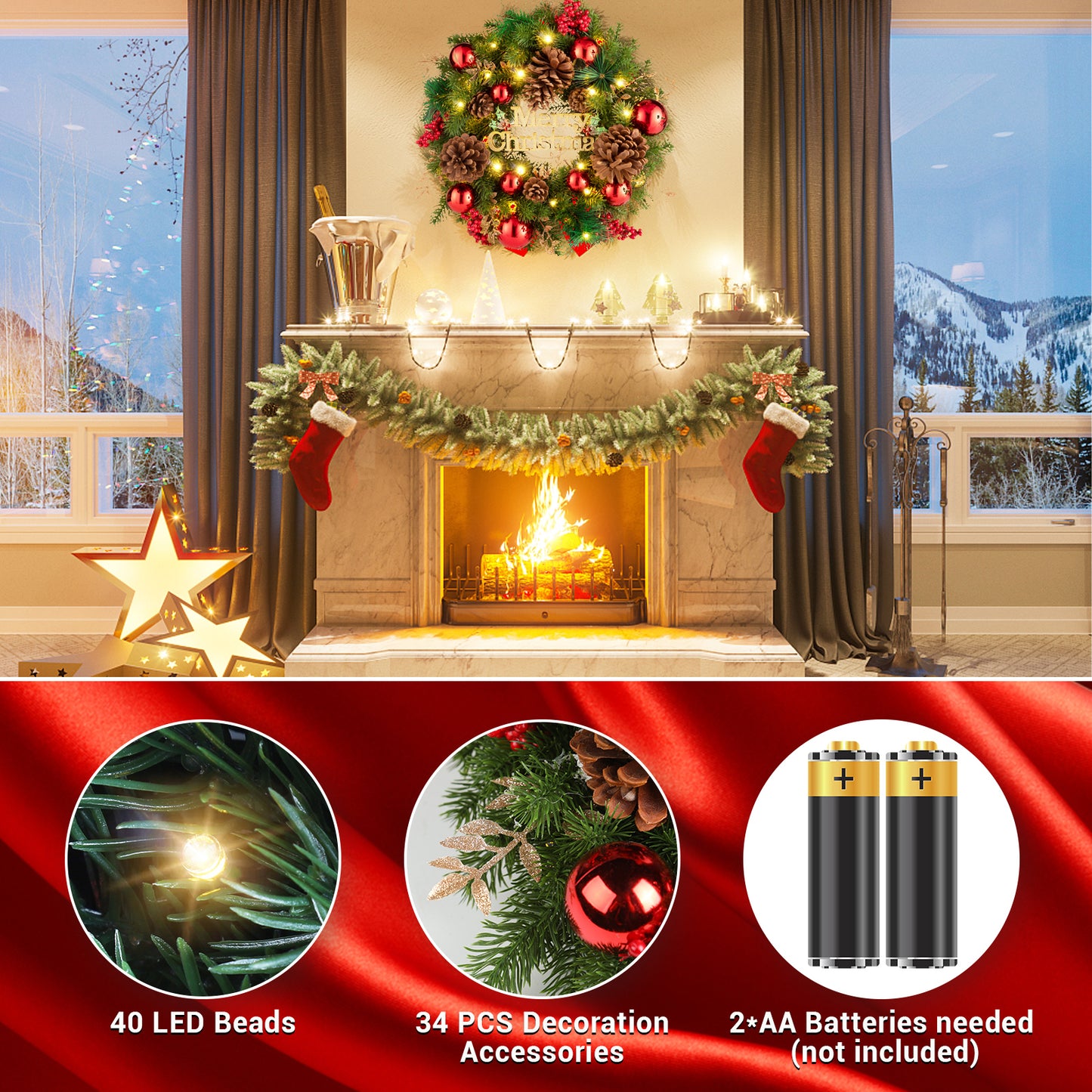 Aship Christmas Wreath with Lights, 16 In 40LED Pre-Lit Christmas Front Door Wreath, Battery Operated Artificial Christmas Decor for Indoor Outdoor Fireplace Window Decor