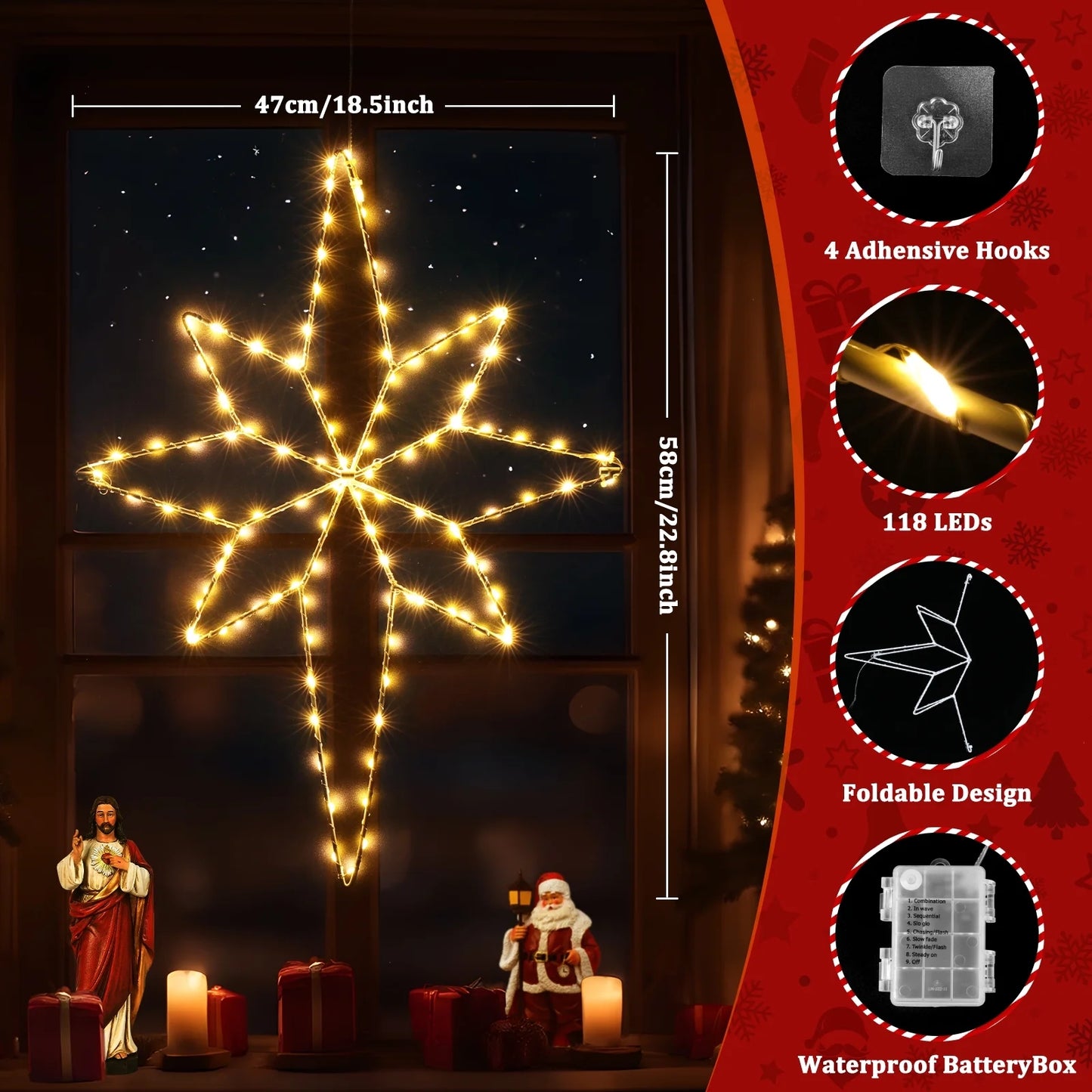 Aship Christmas Bethlehem Star Window Lights, 22.8 In 118 LED Christmas Window Lights Decor with 8 Flash Modes Timer Memory, Large Star Lights for Outdoor Indoor Warm White