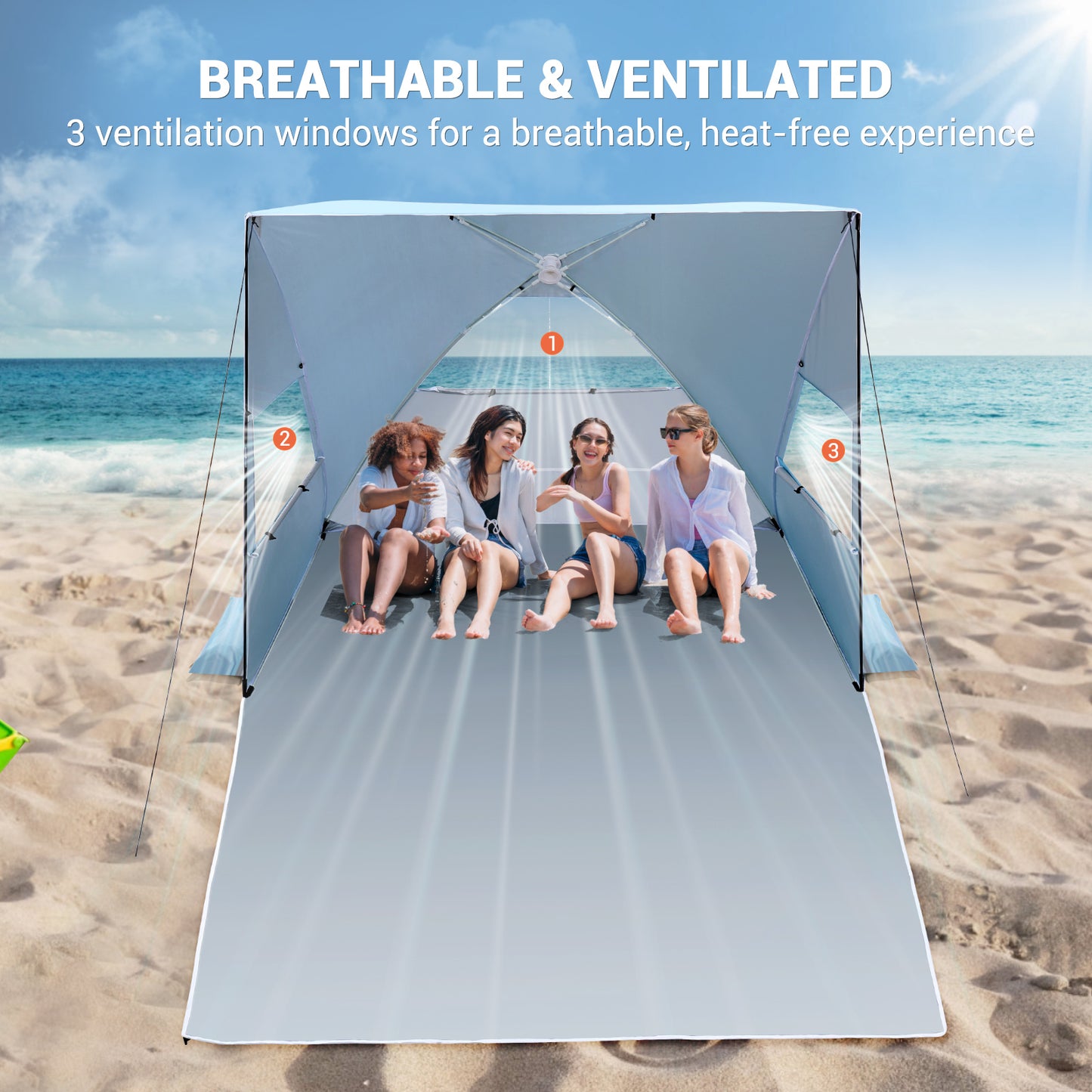 Aship Beach Tent, Quick Setup Sun Shelter with 360° Ventilation & UPF50+ UV Protection , 4-5 Person Pop Up Tent, Portable Sunshade for Family Camping Hiking Beach Adventures
