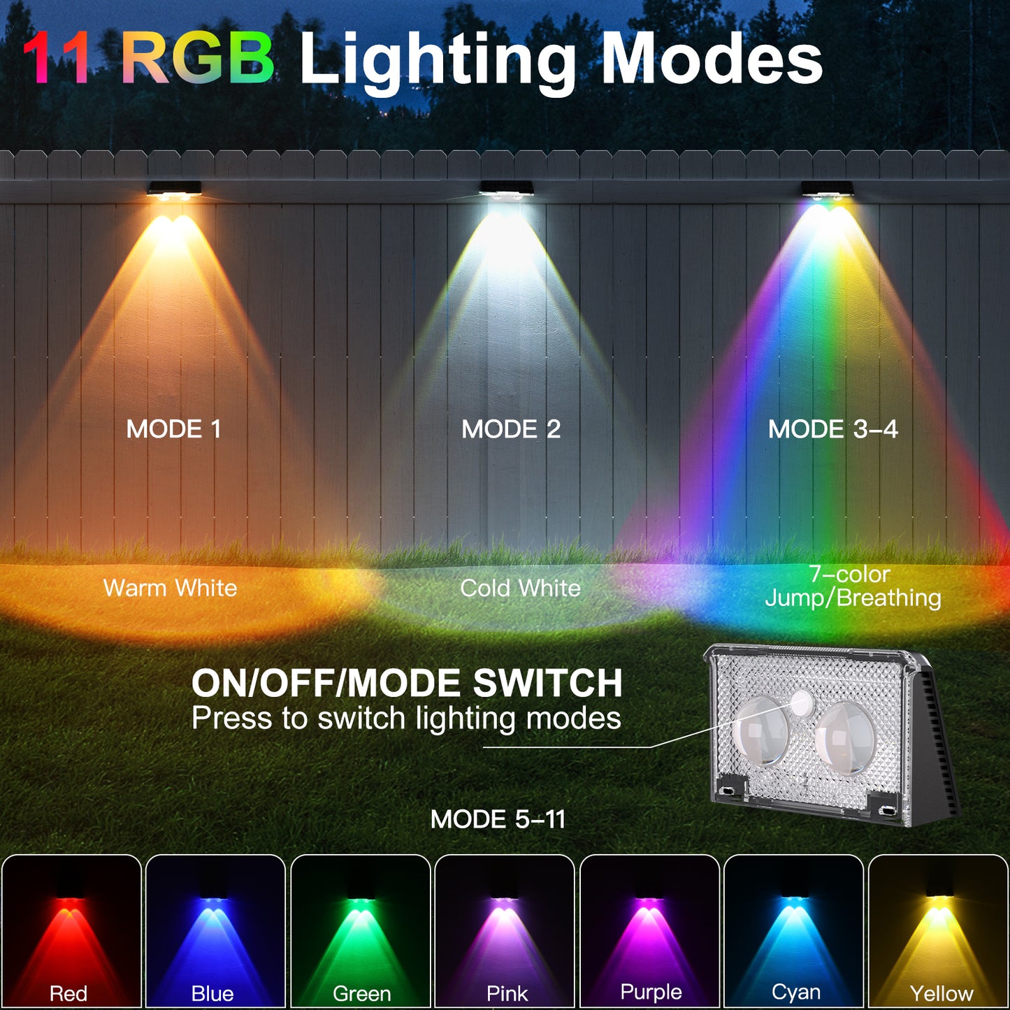 ASHIP Solar Fence Lights 4 Pack, 50 Lumens Outdoor Deck Solar Lights with 12 Modes RGB Color Glow LED Solar Fence Lights Outdoor Waterproof for Patio, Backyard, Deck, Fence, Railing