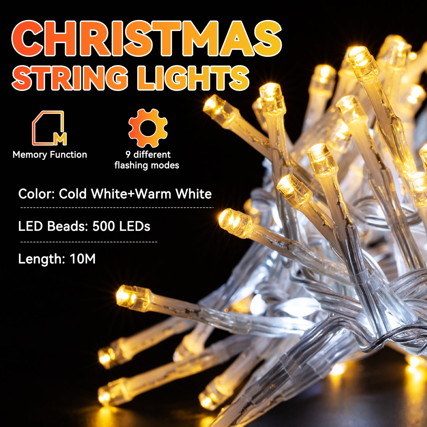Aship 500LED Christmas String Lights 33Ft, Dual Mode Warm White Steady and Cool White Flowings, Waterproof Christmas Light with Memory Function for Indoor Outdoor Christmas Tree Window Garden