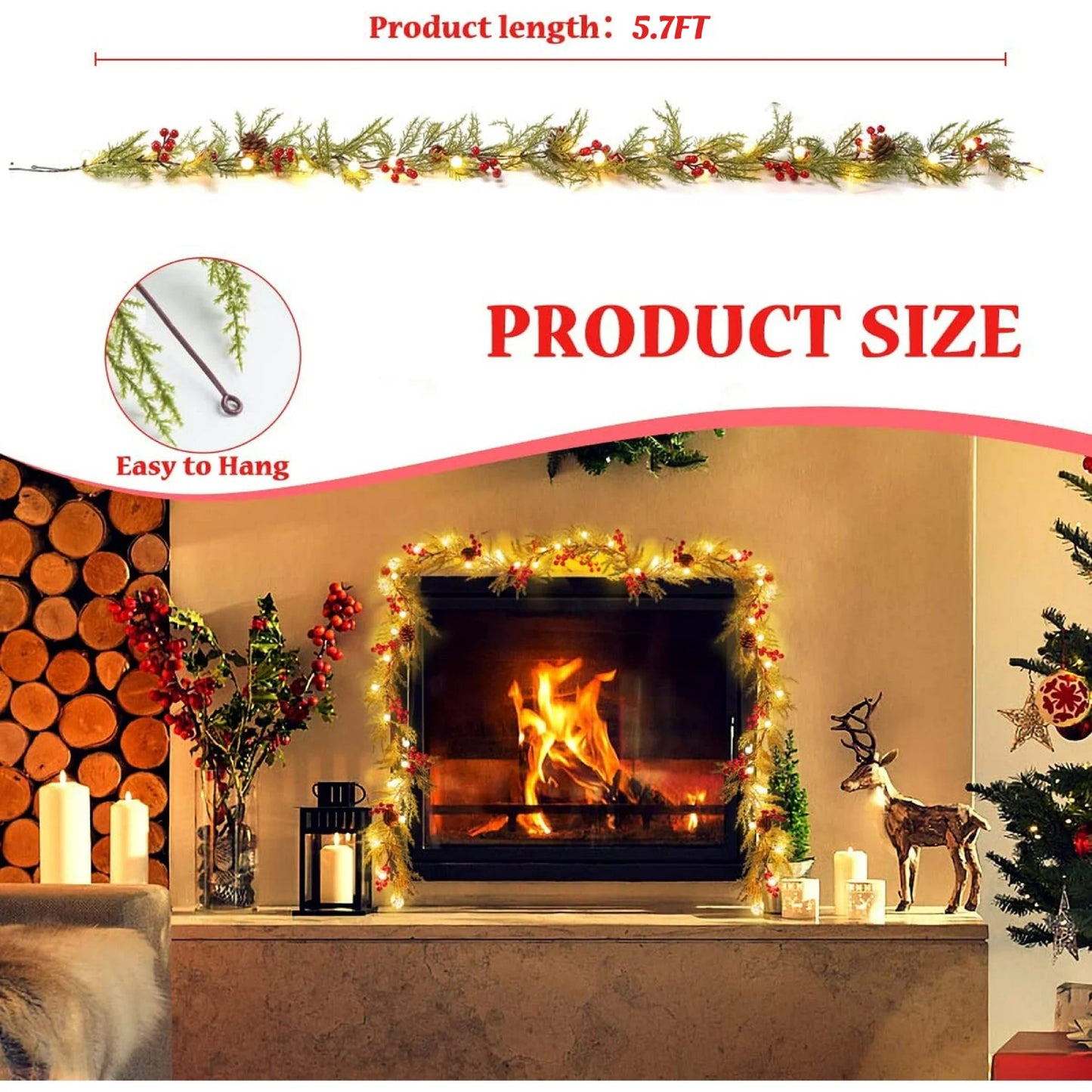 Aship 2 Pack Christmas Garland with Lights, 5.7FT Pre-lit 20 LED Red Berry Garland with 8 Modes & Timer Memory, Artificial Lighted Xmas Garland for Door Mantel Fireplace