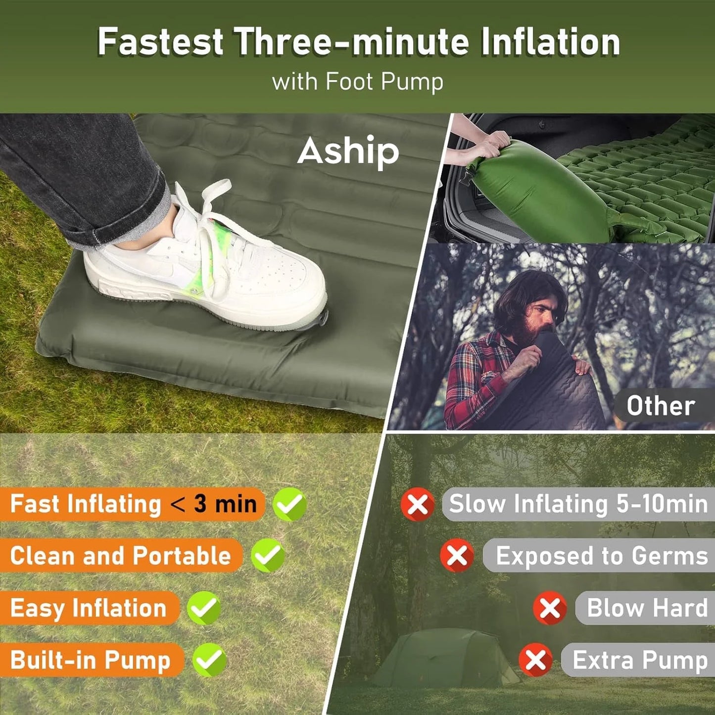 Aship Double Sleeping Pad, 4.7" Extra Thick 2-Person Camping Mat with Pillow, Inflatable Sleeping Pad with Built-in Foot Pump for Backpacking, Hiking, Travel, Tenting