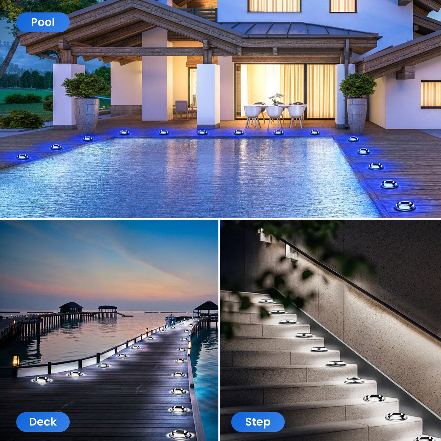 ASHIP 12 Pack Solar Deck Lights Outdoor, Blue+White Solar Powered Driveway Lights, IP68 Waterproof Solar Dock Lights Warning Step Lights, Sidewalk Marker Lights for Path Stair Dock Garage