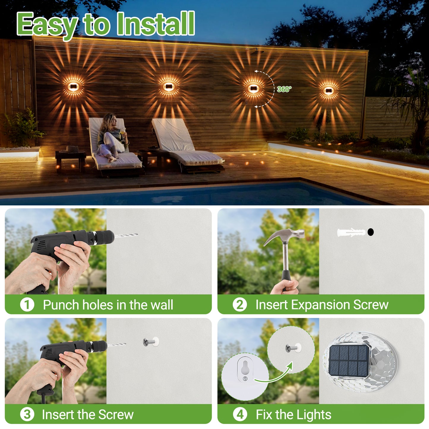 ASHIP Solar Lights, 4 Pack Solar Fence Lights Outdoor Waterproof, Auto On/Off, Warm White Outdoor Wall Decor Lights, Fence Light for Backyard Deck Stairs Garden Patio Decor