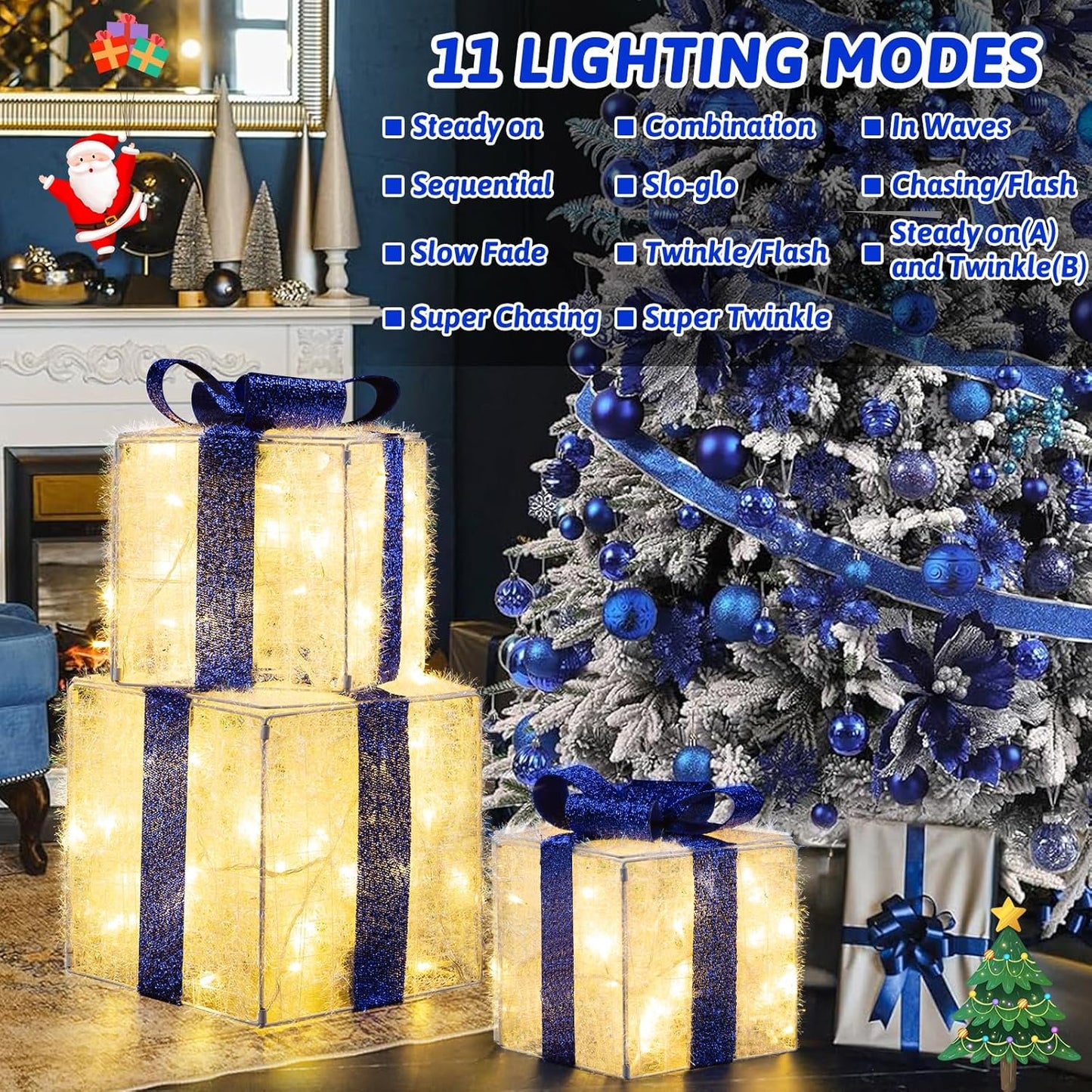 Aship 3XL Christmas Lighted Gift Boxes, 12" Lighted Presents Decorations with 11 Modes & 117LEDs, Light up Gift Boxes with Plug, Bows, Pine, Silver Beads for Christmas Trees