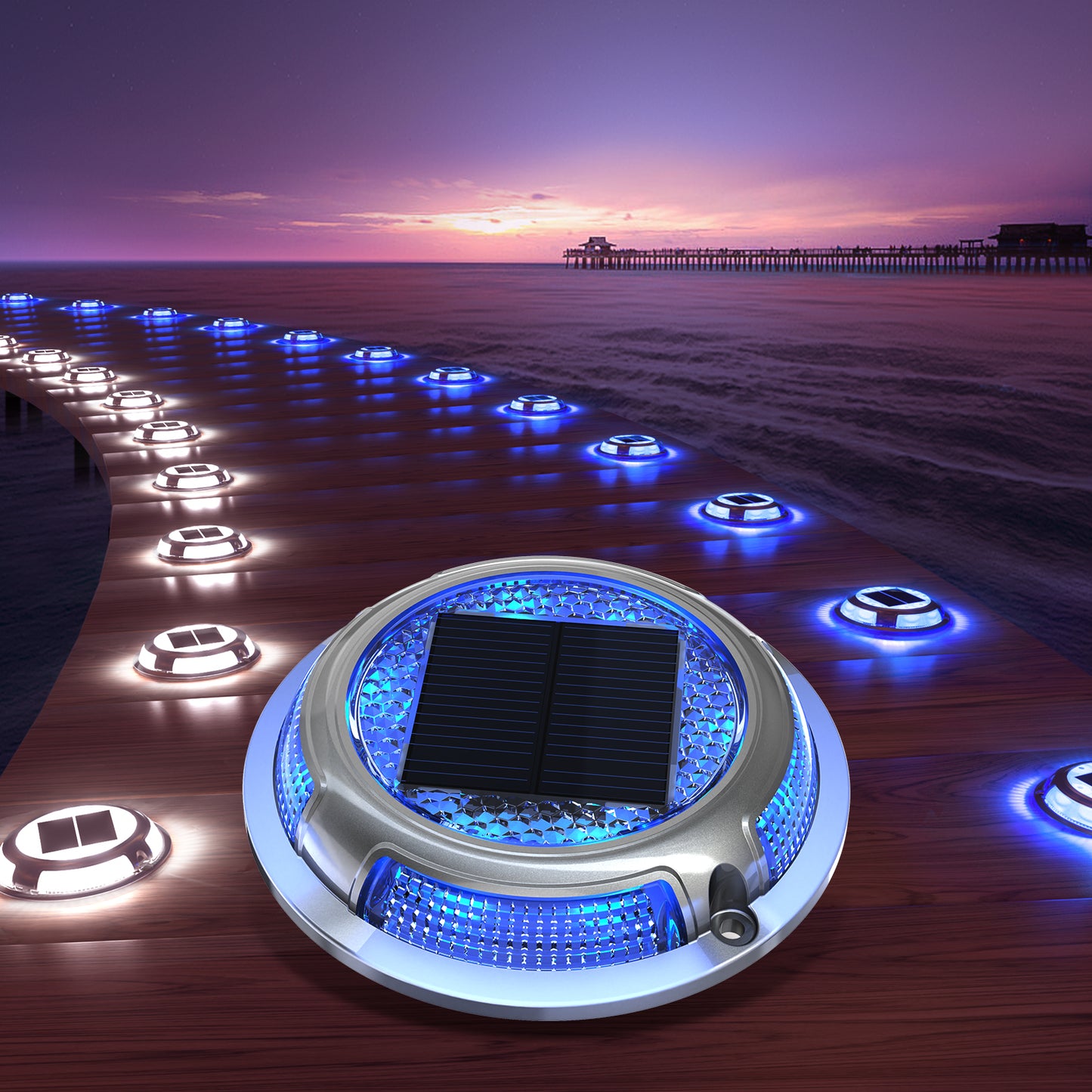 Aship Solar Deck Lights , 12 Pack Blue& White Solar Powered Driveway Lights, IP68 Waterproof Solar Dock Lights Step Lights Marker Lights for Path Stair Dock Garage