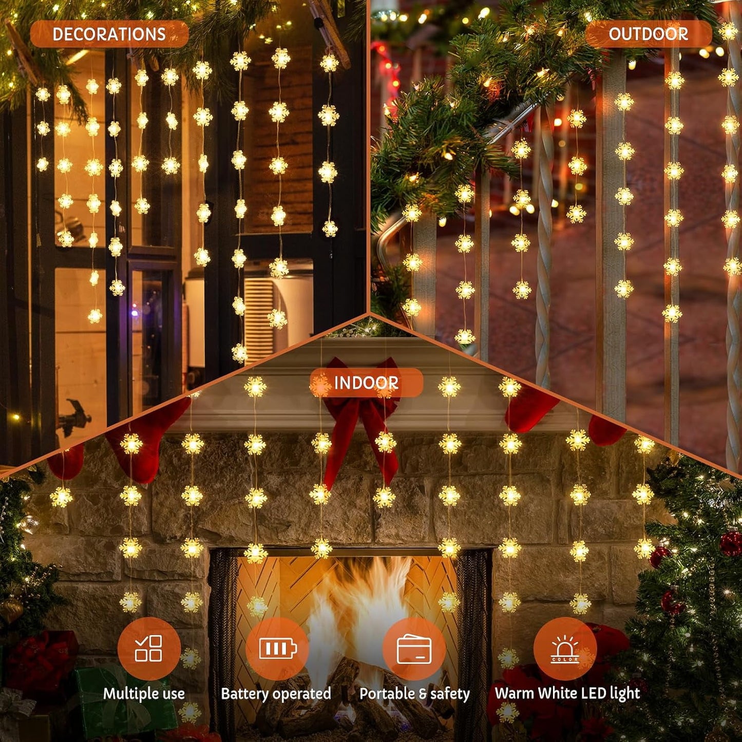 Aship Christmas Window Lights, 50 LEDs 8 Modes with Timer Battery Operated Curtain Lights, Warm White Snowflake Lights for Christmas Indoor & Outdoor Decorations