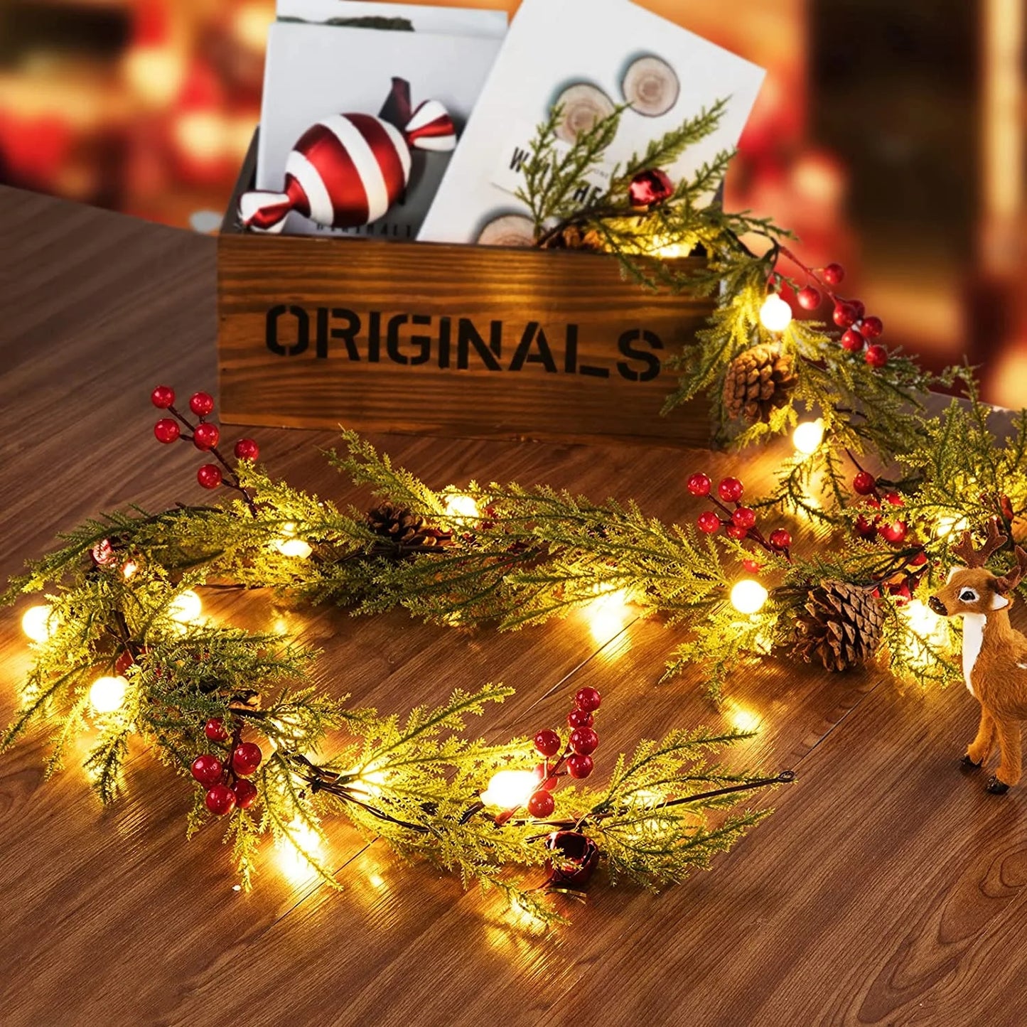 Aship 2 Pack Christmas Garland with Lights, 5.7FT Pre-lit 20 LED Red Berry Garland with 8 Modes & Timer Memory, Artificial Lighted Xmas Garland for Door Mantel Fireplace
