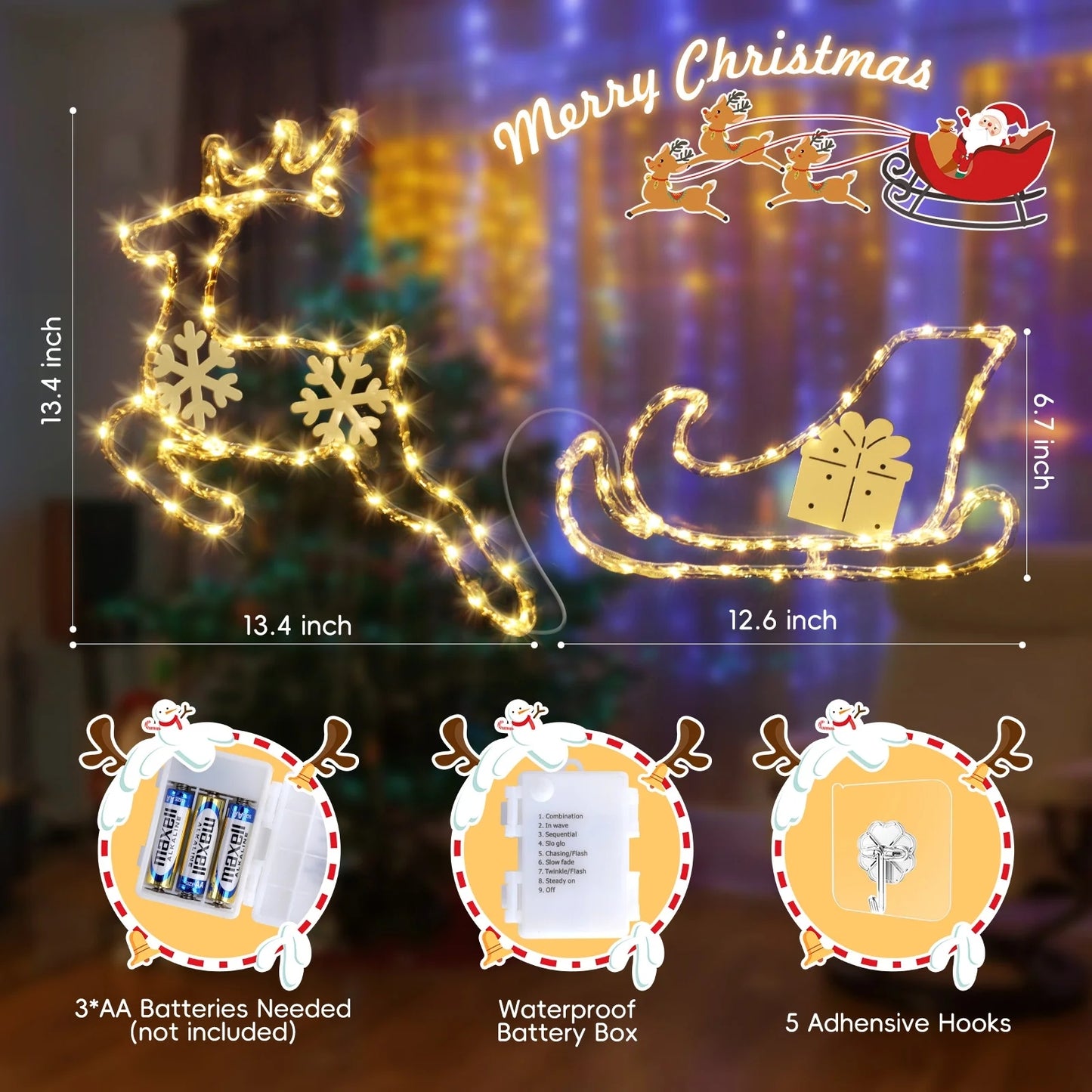 Aship Christmas Window Lights, Reindeer Sleigh 95 LEDs Window Decor, Battery Operated 8 Modes & Timer, Waterproof Silhouette Lights for Holiday Indoor Outdoor