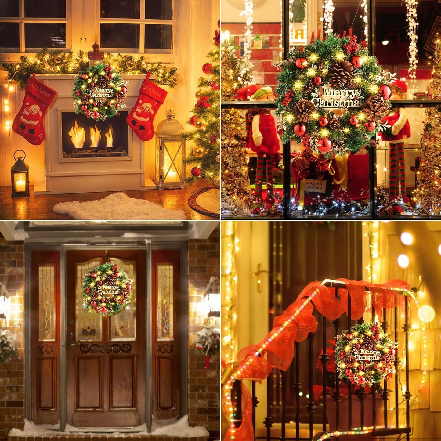 Aship Christmas Wreath with Lights, 16 In 40LED Pre-Lit Christmas Front Door Wreath, Battery Operated Artificial Christmas Decor for Indoor Outdoor Fireplace Window Decor