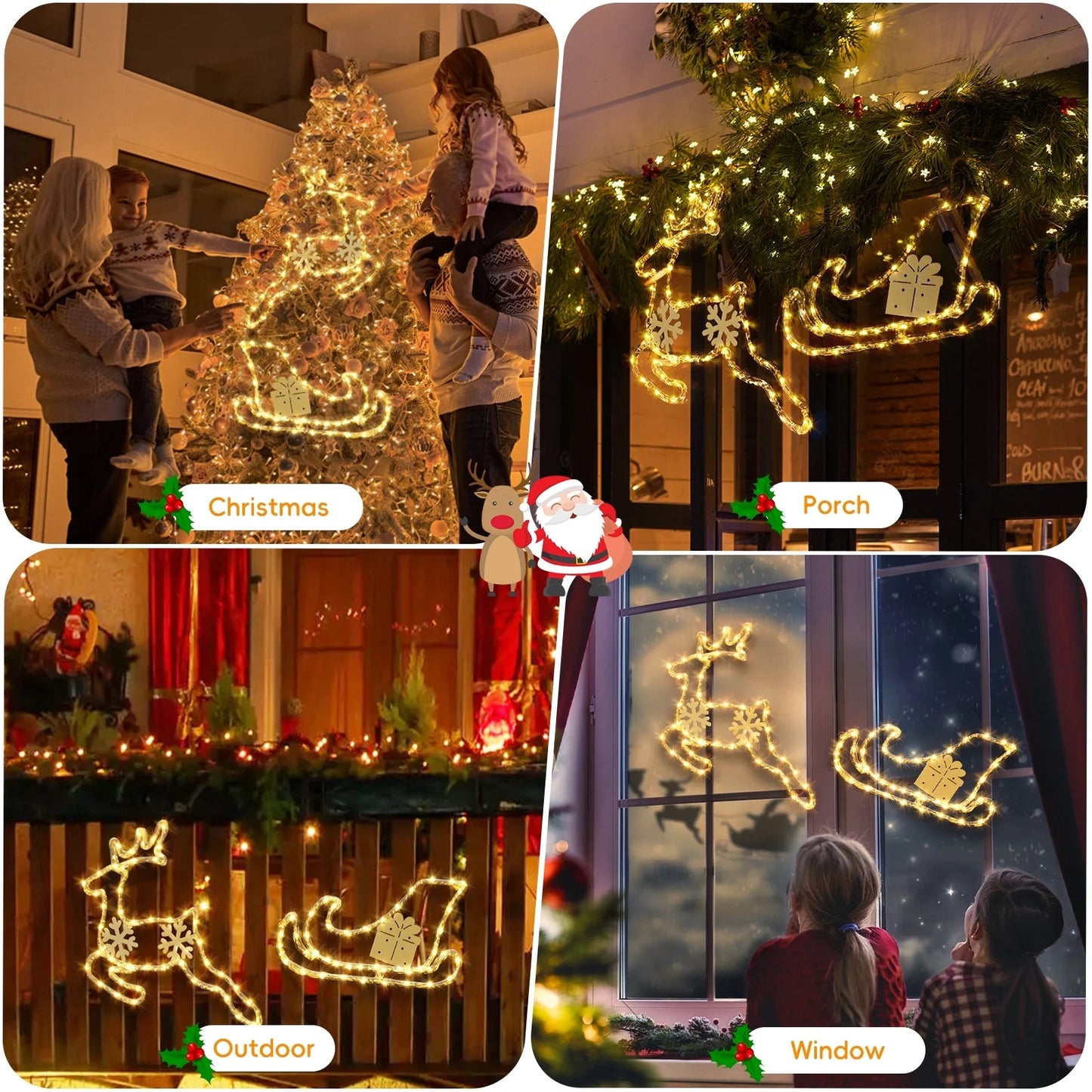 Aship Christmas Window Lights, Reindeer Sleigh 95 LEDs Window Decor, Battery Operated 8 Modes & Timer, Waterproof Silhouette Lights for Holiday Indoor Outdoor