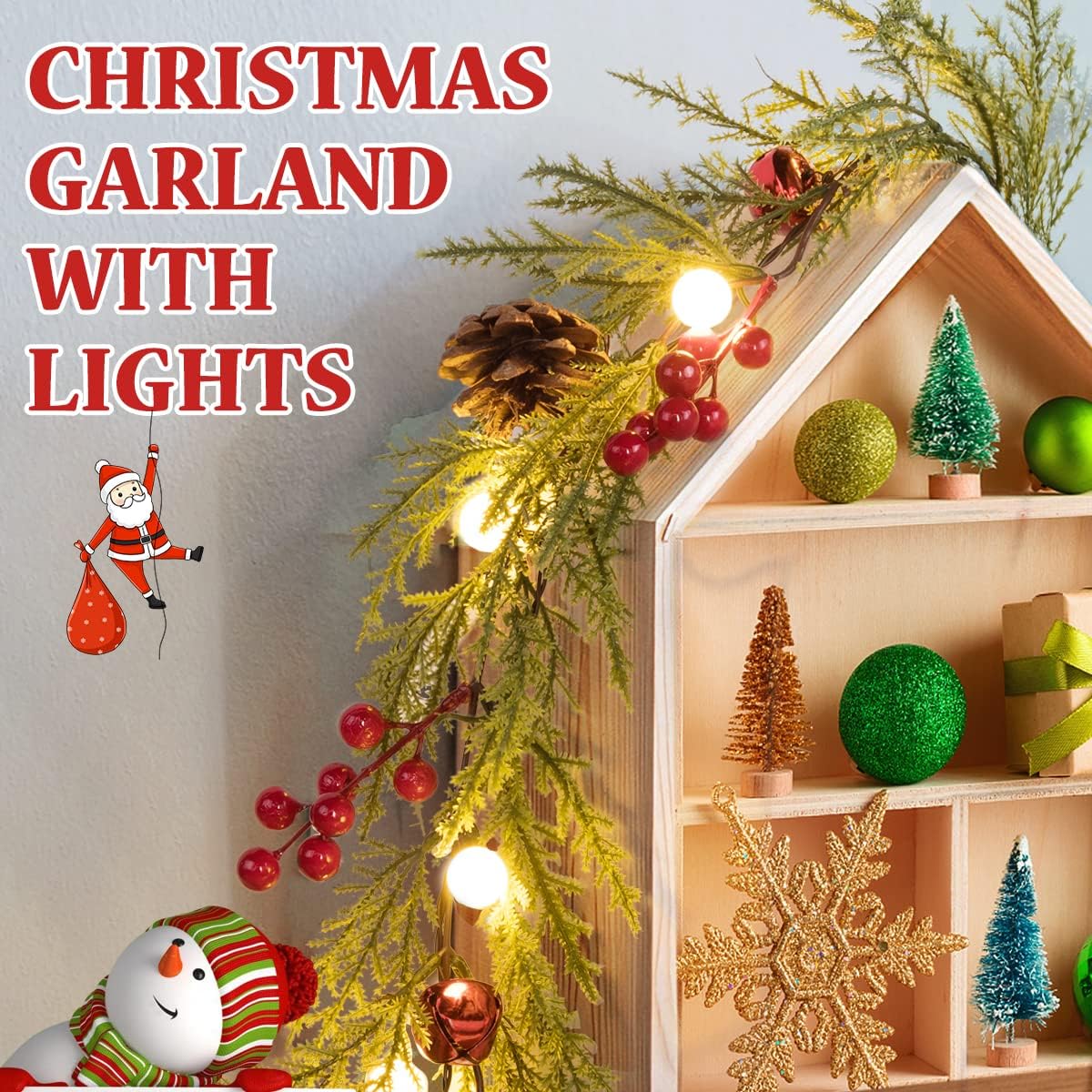 Aship 2 Pack Christmas Garland with Lights, 5.7FT Pre-lit 20 LED Red Berry Garland with 8 Modes & Timer Memory, Artificial Lighted Xmas Garland for Door Mantel Fireplace