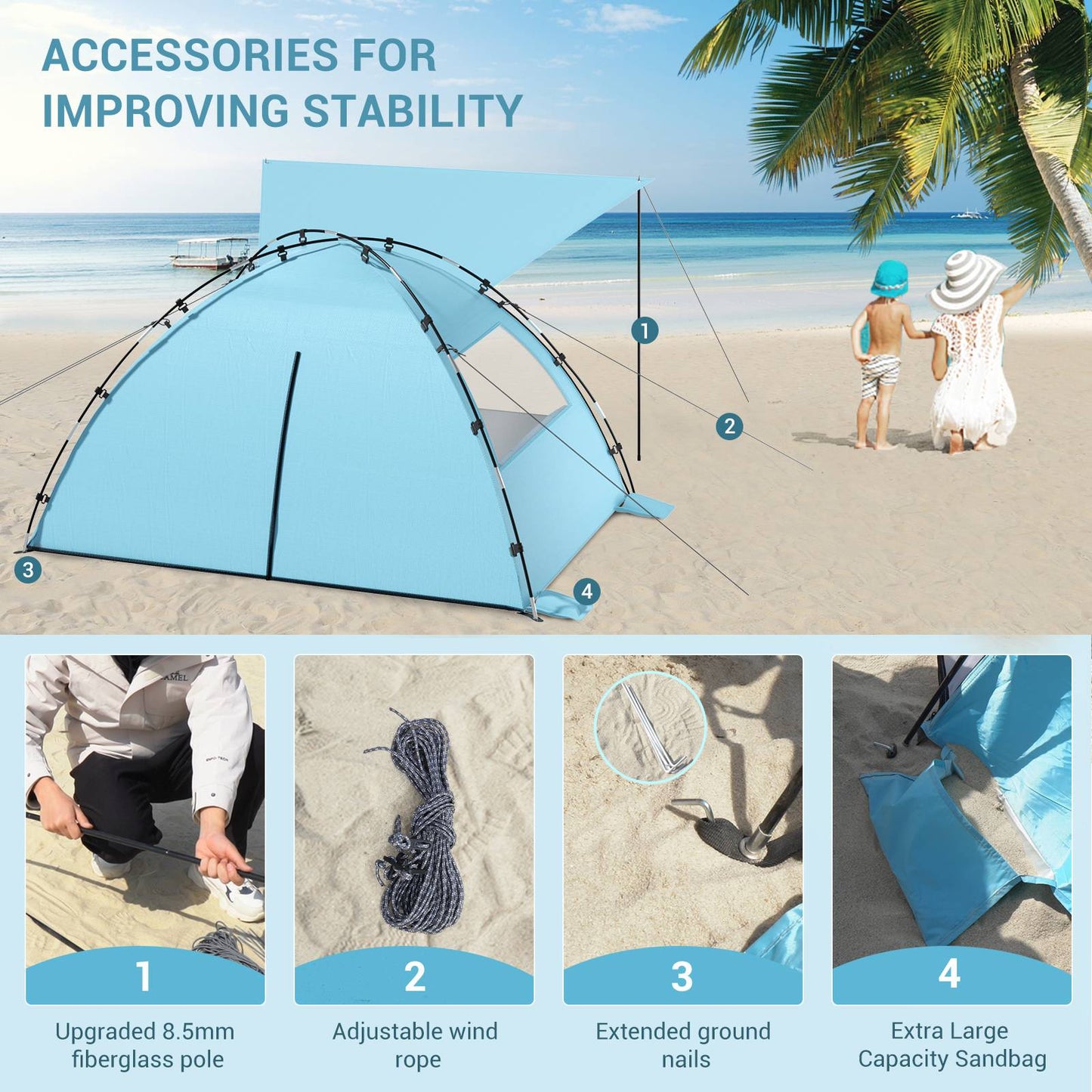 Aship Beach Tent for 4-5 Person, UPF 50+ Sun Shelter with 360° Ventilation & Large Canopy, Easy Setup Waterproof & Portable for Family Camping Hiking Beach Adventures