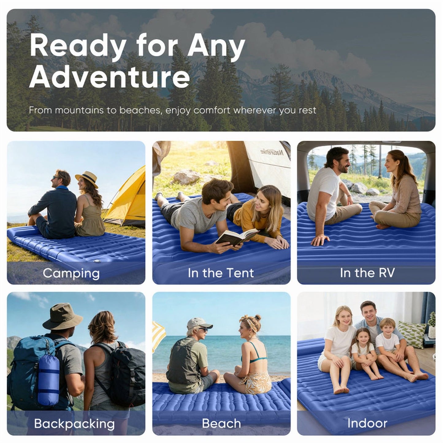 Aship 5.5" Thick Double Sleeping Pad, Inflatable Double Sleeping Mat Camping with Foot Pump & Pillow, 800 lbs Camping Mattress for Backpacking, Hiking, Traveling, Tent, 40D Nylon + TPU Coating, Blue