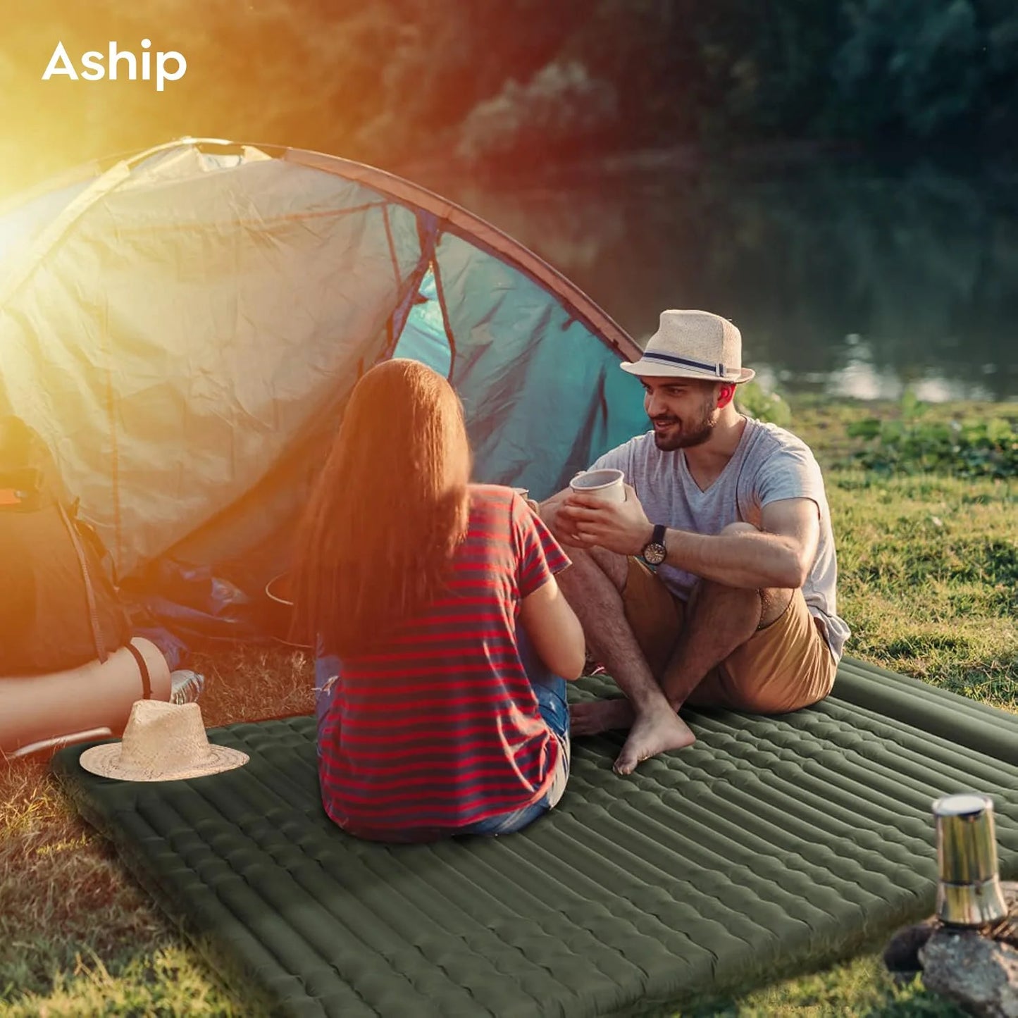 Aship Double Sleeping Pad, 4.7" Extra Thick 2-Person Camping Mat with Pillow, Inflatable Sleeping Pad with Built-in Foot Pump for Backpacking, Hiking, Travel, Tenting