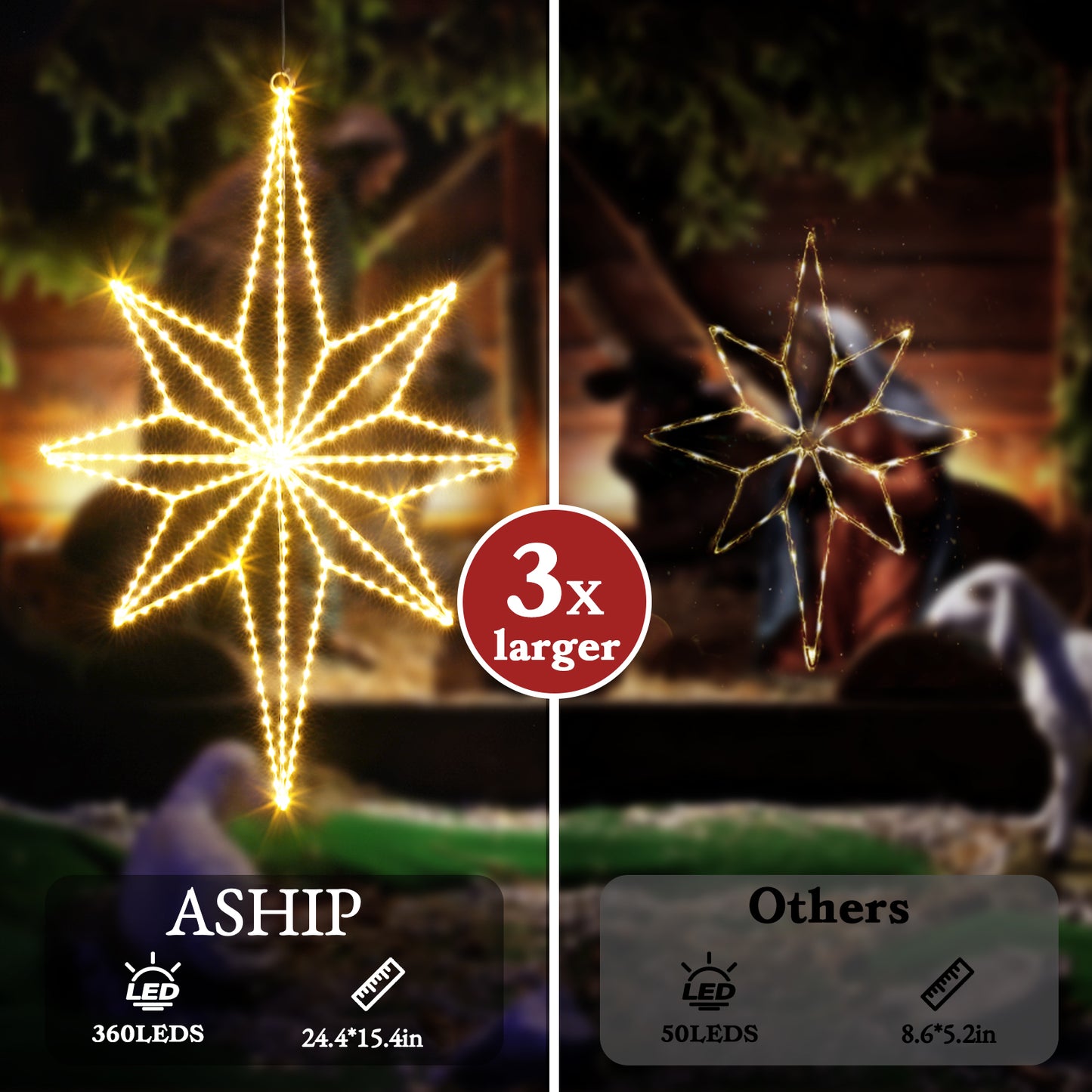 Aship 24.4in Christmas Bethlehem Star Lights, Plug in 360 LED Christmas Window Lights for Indoor Wall Bedroom Hanging Party Decoration