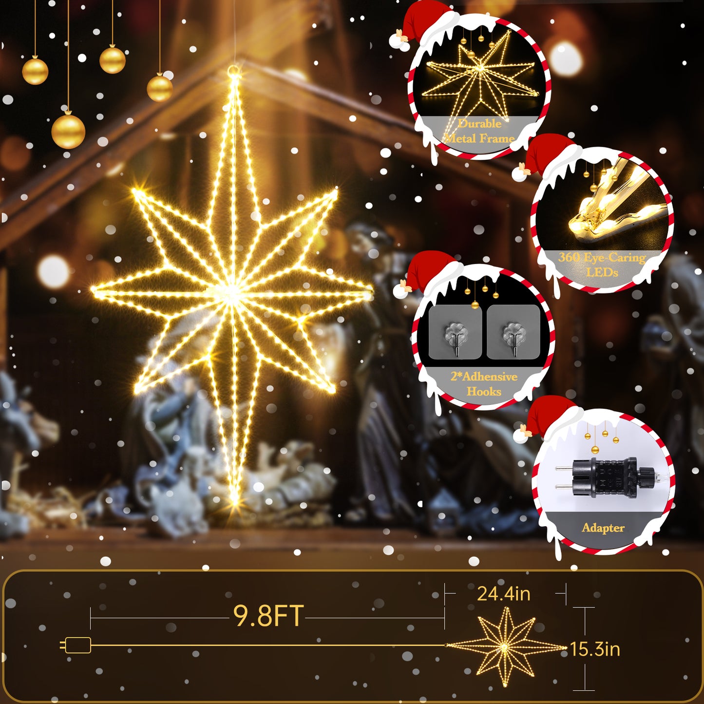Aship 24.4in Christmas Bethlehem Star Lights, Plug in 360 LED Christmas Window Lights for Indoor Wall Bedroom Hanging Party Decoration