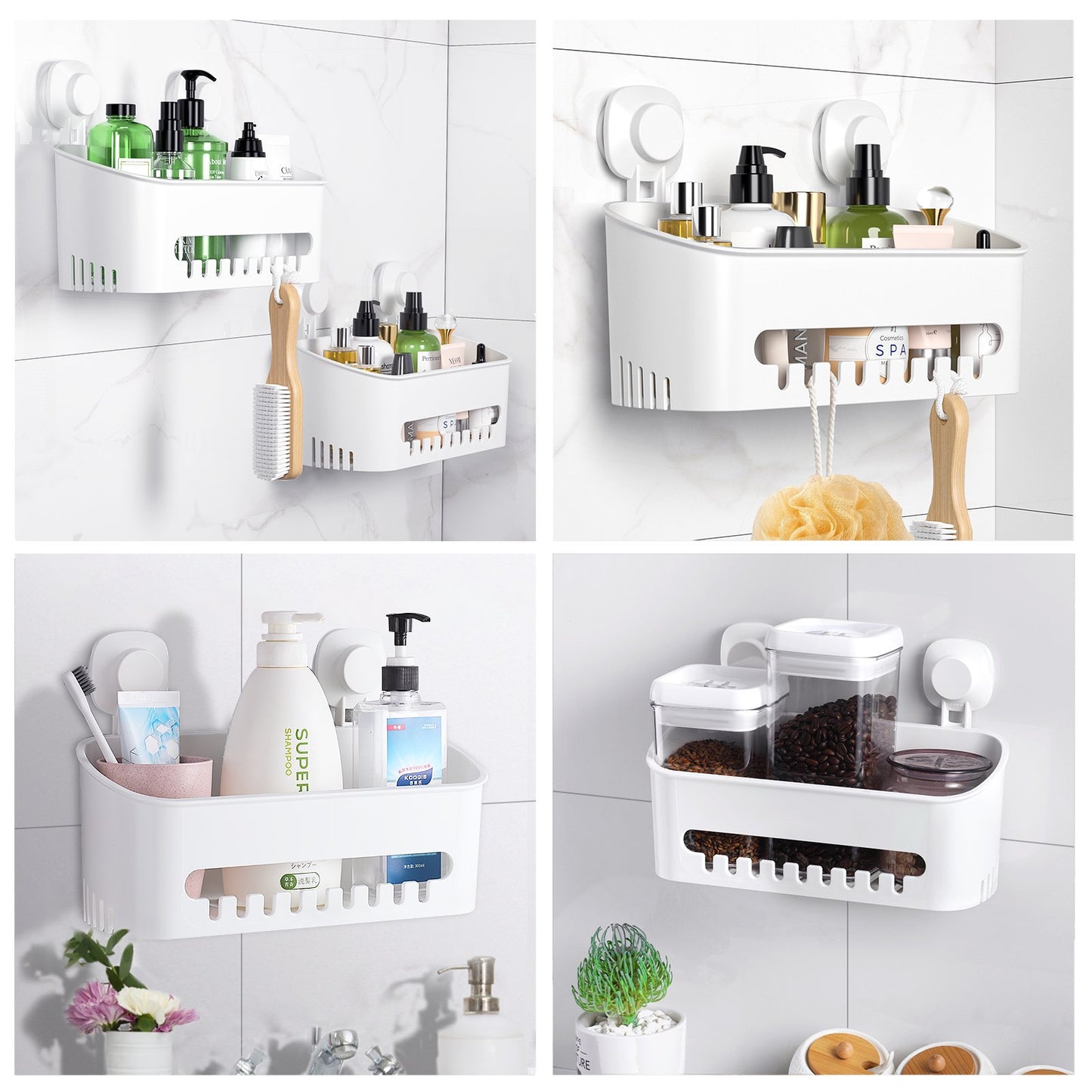 Aship Suction Cup Shower Caddy, No-Drill Removable Shower Organizer with Hook Slots, 22 lbs Heavy Duty Shower Storage, Waterproof Suction Shower Shelf for Bathroom Kitchen Wall, White