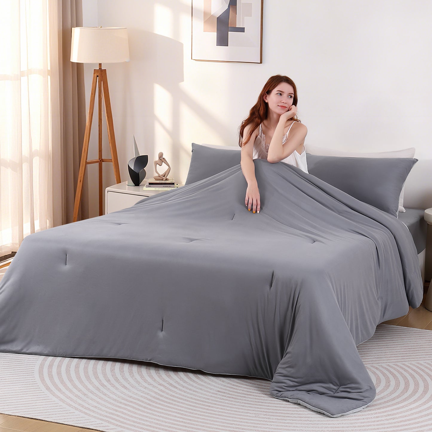 Aship Queen Comforter Set, 3Pcs Cozycash PCM Bedding Set with Temperature Regulating for All Season, Reversible Skin-friendly Bedding, 1Comforter & 2 Pillowcases Beige