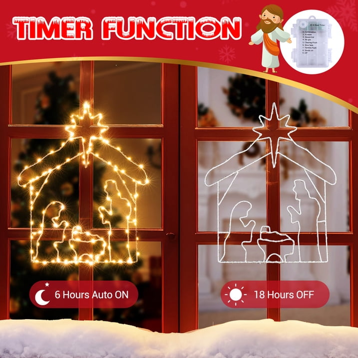 Aship Christmas Decorations, 8 Modes Lighted Nativity Christmas Window Silhouette Lights for Christmas Window Decor Indoor, Nativity Scene Christmas Window Lights with Timer Function, Warm White