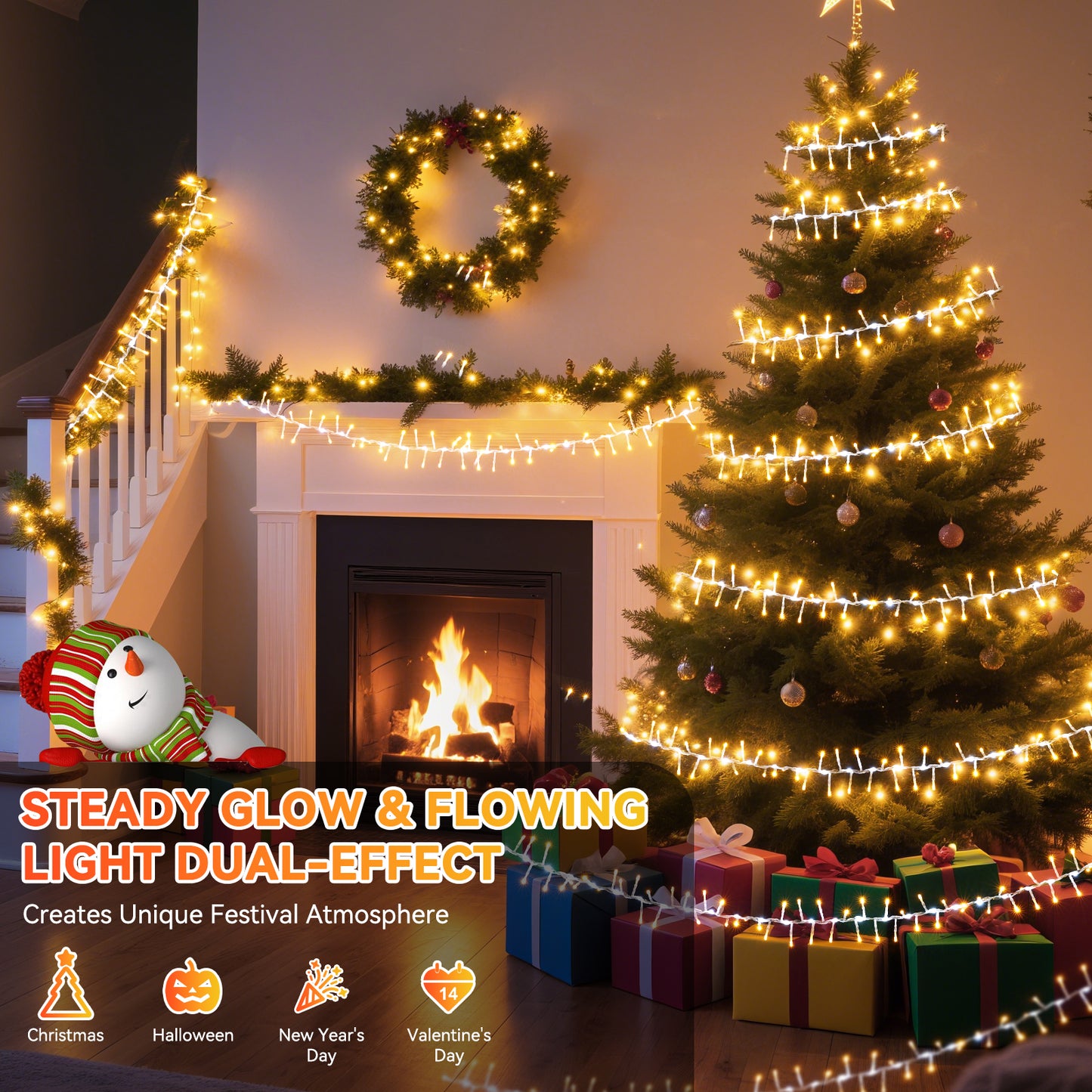Aship 500LED Christmas String Lights 33Ft, Dual Mode Warm White Steady and Cool White Flowings, Waterproof Christmas Light with Memory Function for Indoor Outdoor Christmas Tree Window Garden