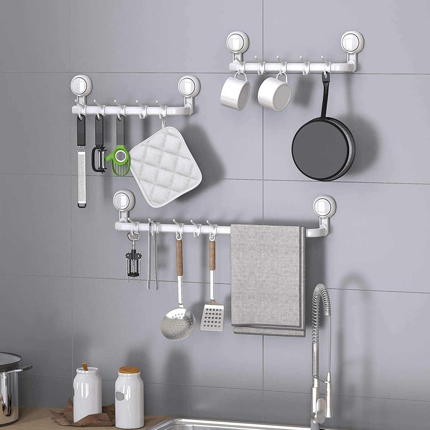 Aship Suction Cup Towel Bar, 24'' Adjustable Bathroom Towel Holder, No-Drill Removable Towel Rack with 5 Sliding Shower Hooks, Towel Racks for Bathroom, Bath Sponges, Loofahs, Suction Towel Rod