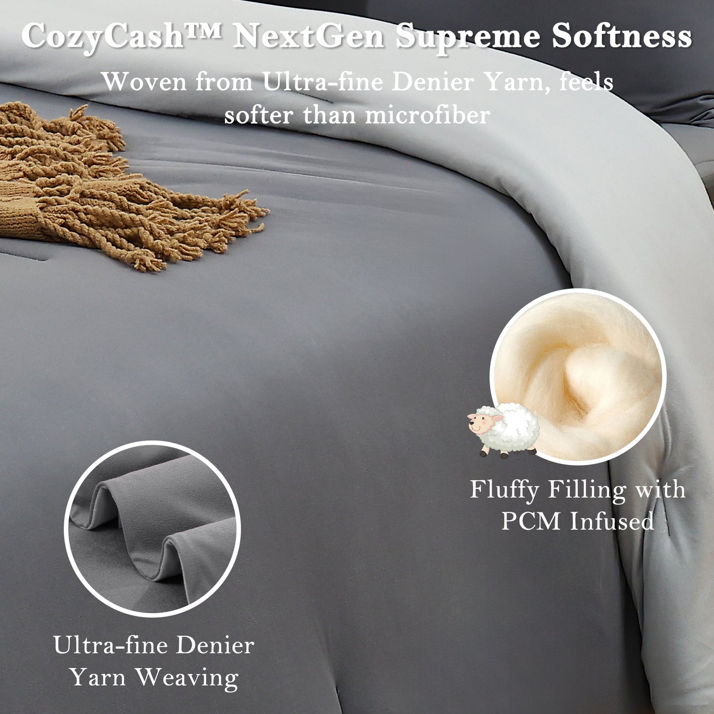 Aship Queen Comforter Set, 3Pcs Cozycash PCM Bedding Set with Temperature Regulating for All Season, Reversible Skin-friendly Bedding, 1Comforter & 2 Pillowcases Beige