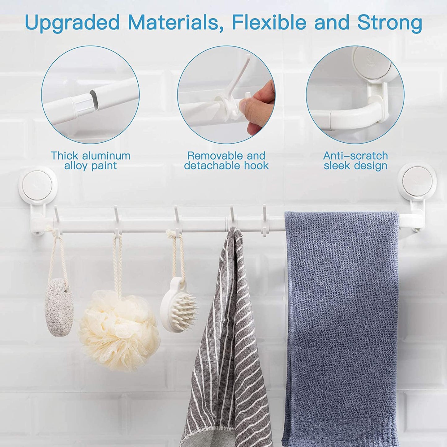 Aship Suction Cup Towel Bar, 24'' Adjustable Bathroom Towel Holder, No-Drill Removable Towel Rack with 5 Sliding Shower Hooks, Towel Racks for Bathroom, Bath Sponges, Loofahs, Suction Towel Rod