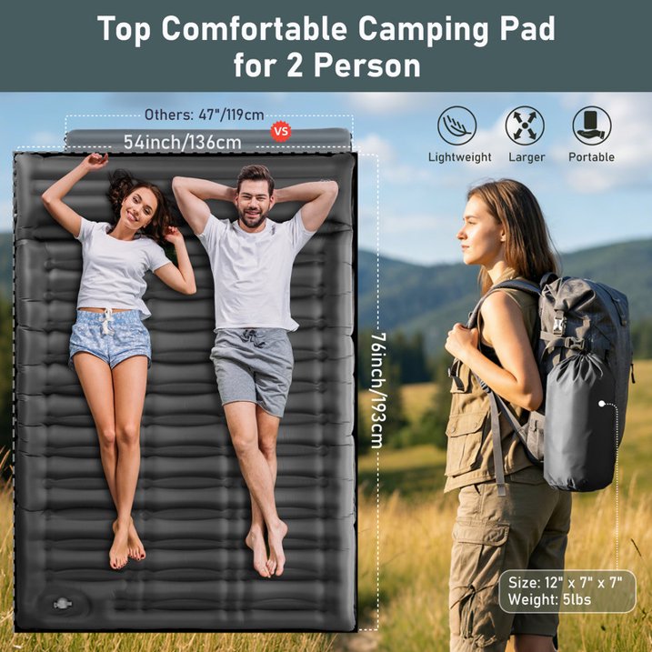 Aship 5.5" Thick Double Sleeping Pad, Inflatable Double Sleeping Mat Camping with Foot Pump & Pillow, 800 lbs Camping Mattress for Backpacking, Hiking, Traveling, Tent, 40D Nylon + TPU Coating, Gray