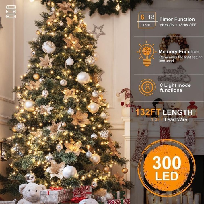 Aship 131ft Bright Christmas Lights Rechargeable, 300 Warm White LED Christmas String Lights with Timer & 8 Modes, IP44 Waterproof Christmas Decorations for Indoor Outdoor Xmas Party Yard Garden