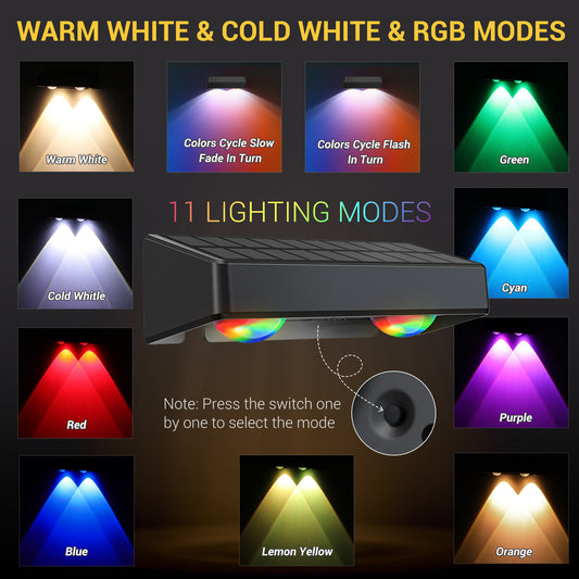 Solar Lights Outdoor 8 Pack, RGBWW Solar Fence Lights Outdoor Waterproof with 11 Color Modes, IP65 Waterproof Dusk to Dawn Solar Deck Lights for Fence Wall Garden Pool Porch Backyard